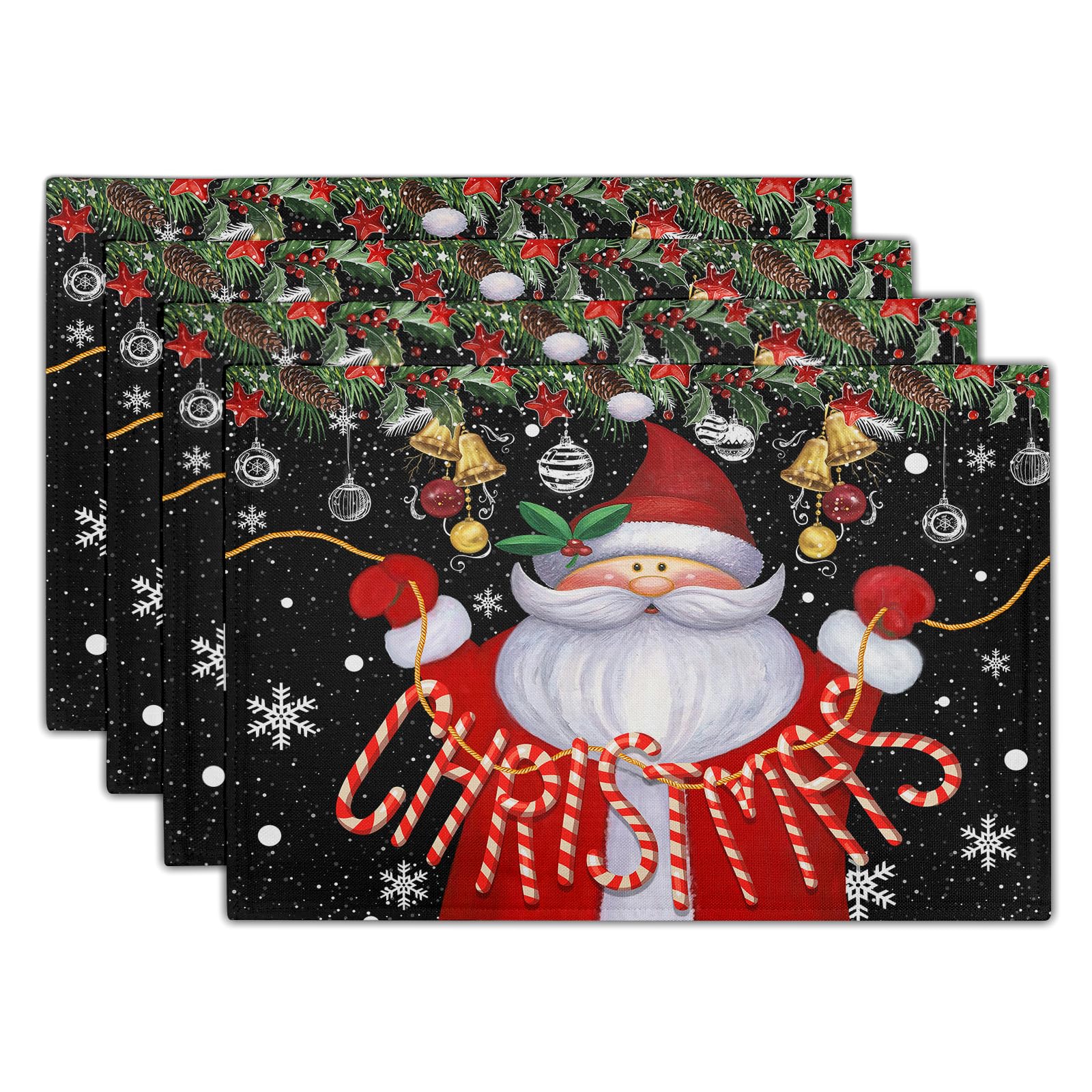 Christmas Placemats Set of 4, Funny Santa Claus Xmas Snowflake Table Mats Washable Heat Resistant Winter New Year Holiday Decor and Supplies for Home