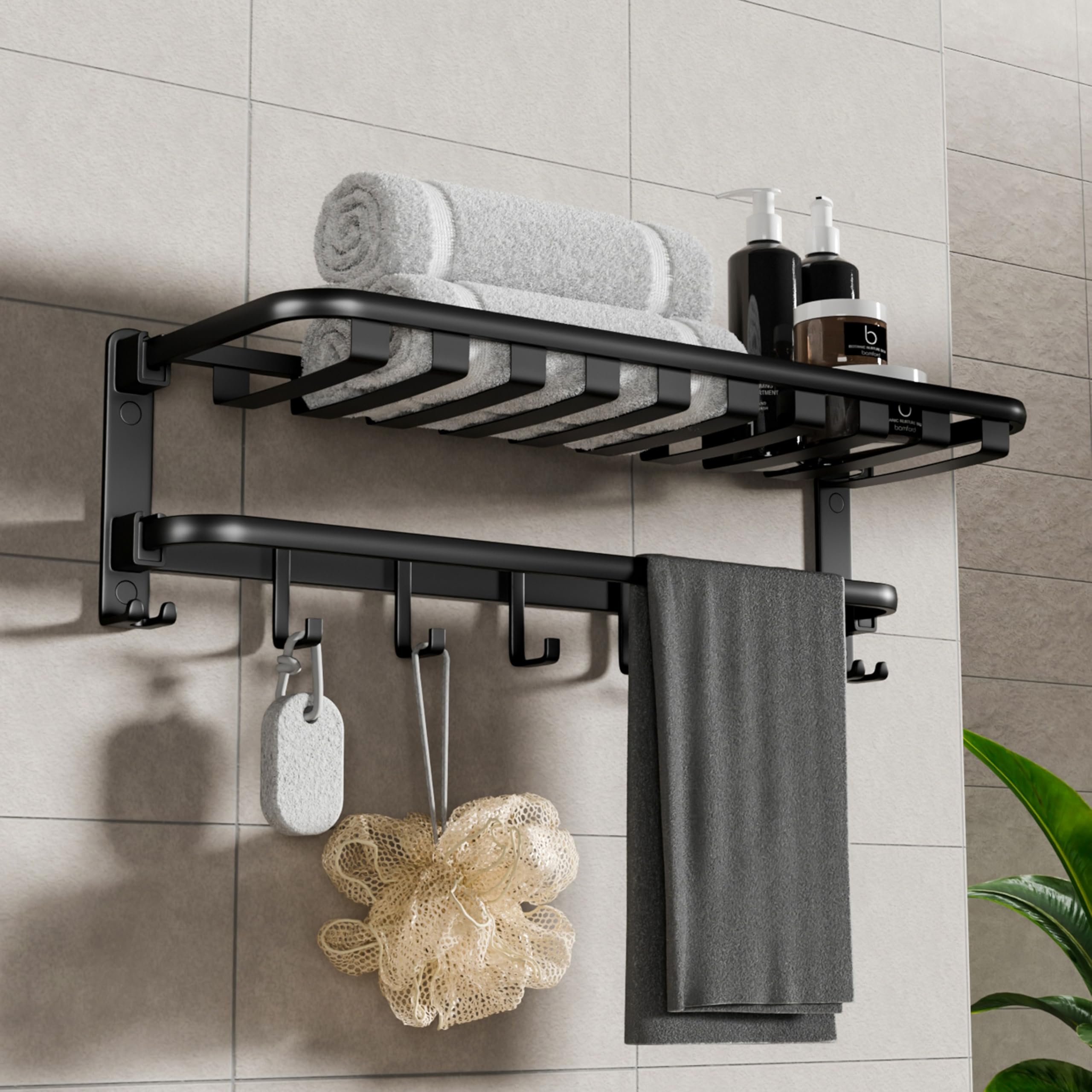 Backline Aluminium Folding Towel Rack | 24-Inch Wall Mount Foldable Towel Holder with Swivel Rod, 9 Hooks & Storage Shelf | Bathroom Towel Stand for Shampoo & Accessories | Black Matt Finish-image-19