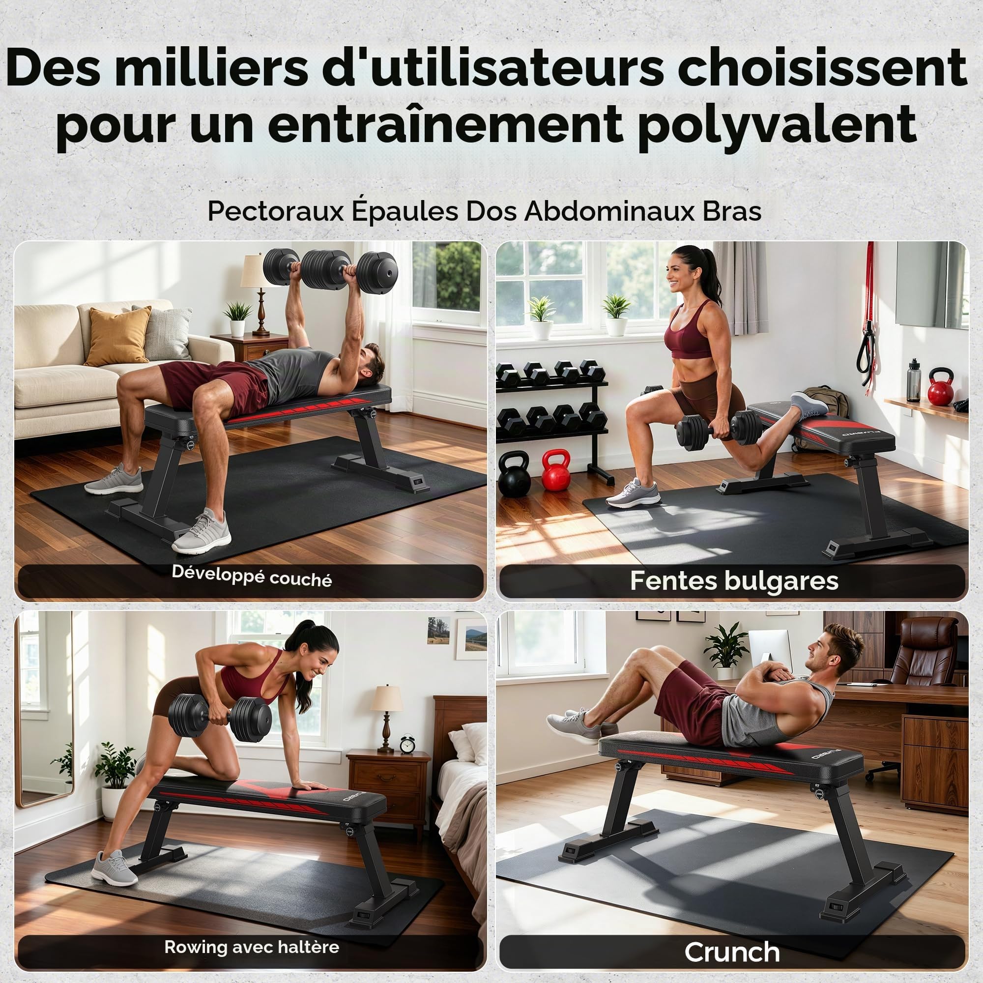 FLYBIRD Banc Plat, Banc Plat Pliable pour Haltères, Stable pour Tous Types d’Entraînement enForce & Développé Couché, Facile à Assembler pour Domicile, 300kg Capacité Max