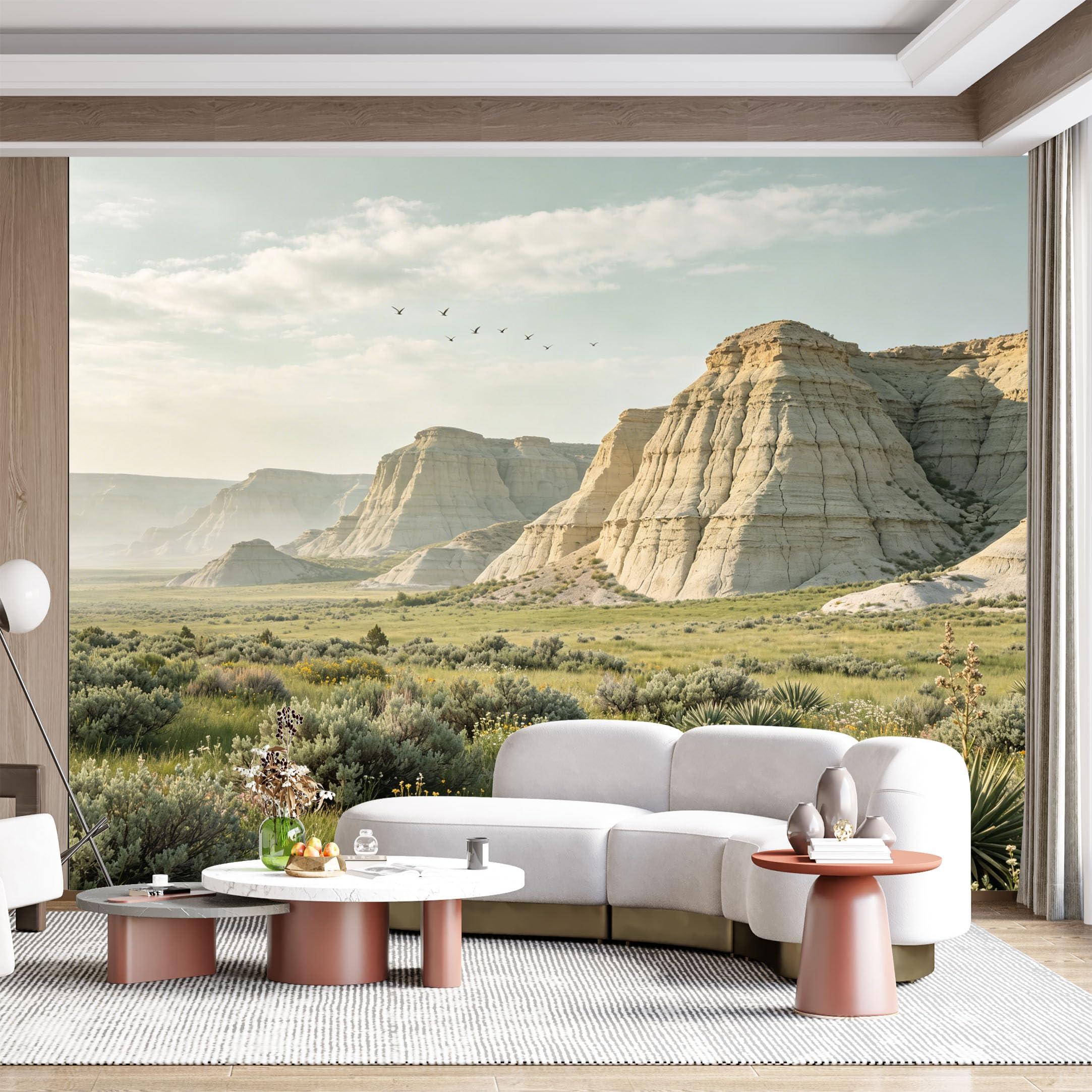 Custom Size Wall Mural Desert Landscape Sagebrush Rocky Butte Pastel Sky Birds Flying SelfAdhesive Wall Fabric Removable for Home Office Decor