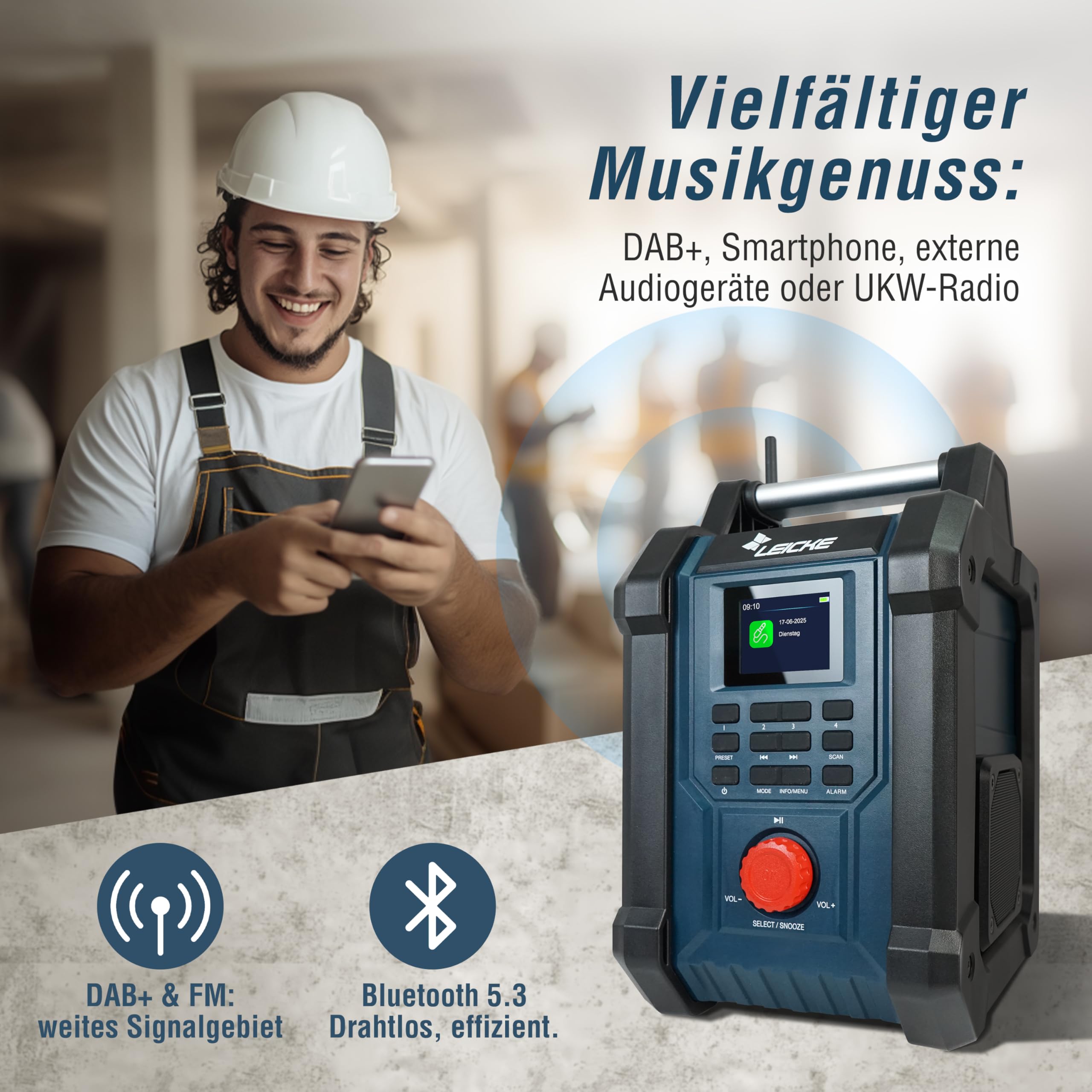 Baustellenradios - Digitales und Robustes Radio mit DAB+, FM, Bluetooth, AUX, 4000mAh Akku, 2 x 15W Lautsprechern und 2.4-Zoll LCD Display
