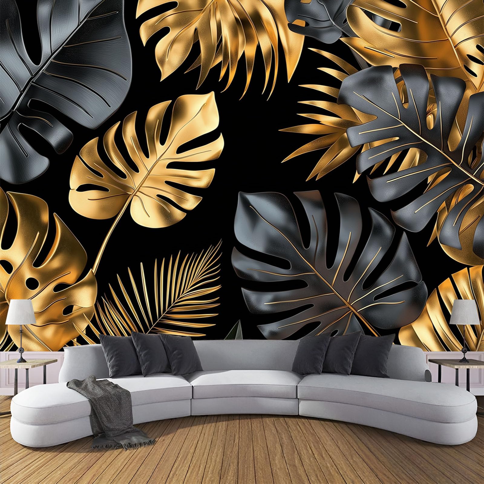 Papier peint panoramique monstera 3d tapisserie or noir 400x280