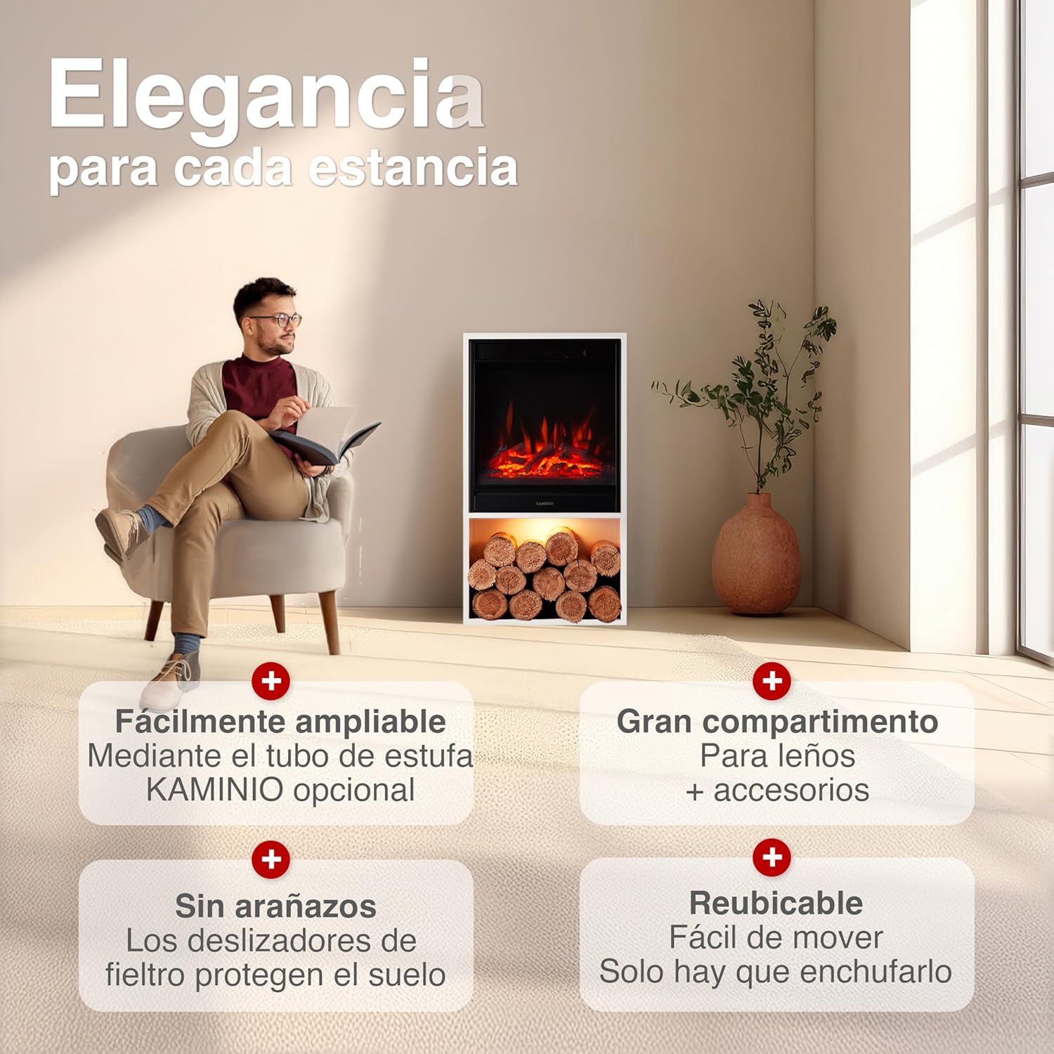 Diagram showing the KAMINIO Hugo Electric Fireplace in a living room setting, highlighting features like optional stove pipe, large wood compartment, felt glides, and plug-and-play portability.
