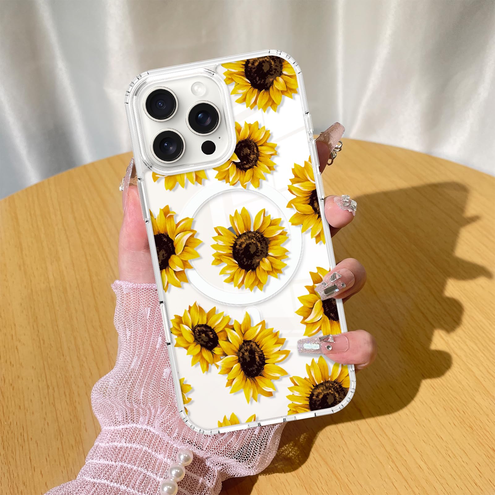 KANGHAR Magnetic Case for iPhone 16 Pro Max Case Clear Compatible with MagSafe Cute Sunflower Pattern Soft TPU Bumper Shockproof Anti-Scratch Slim