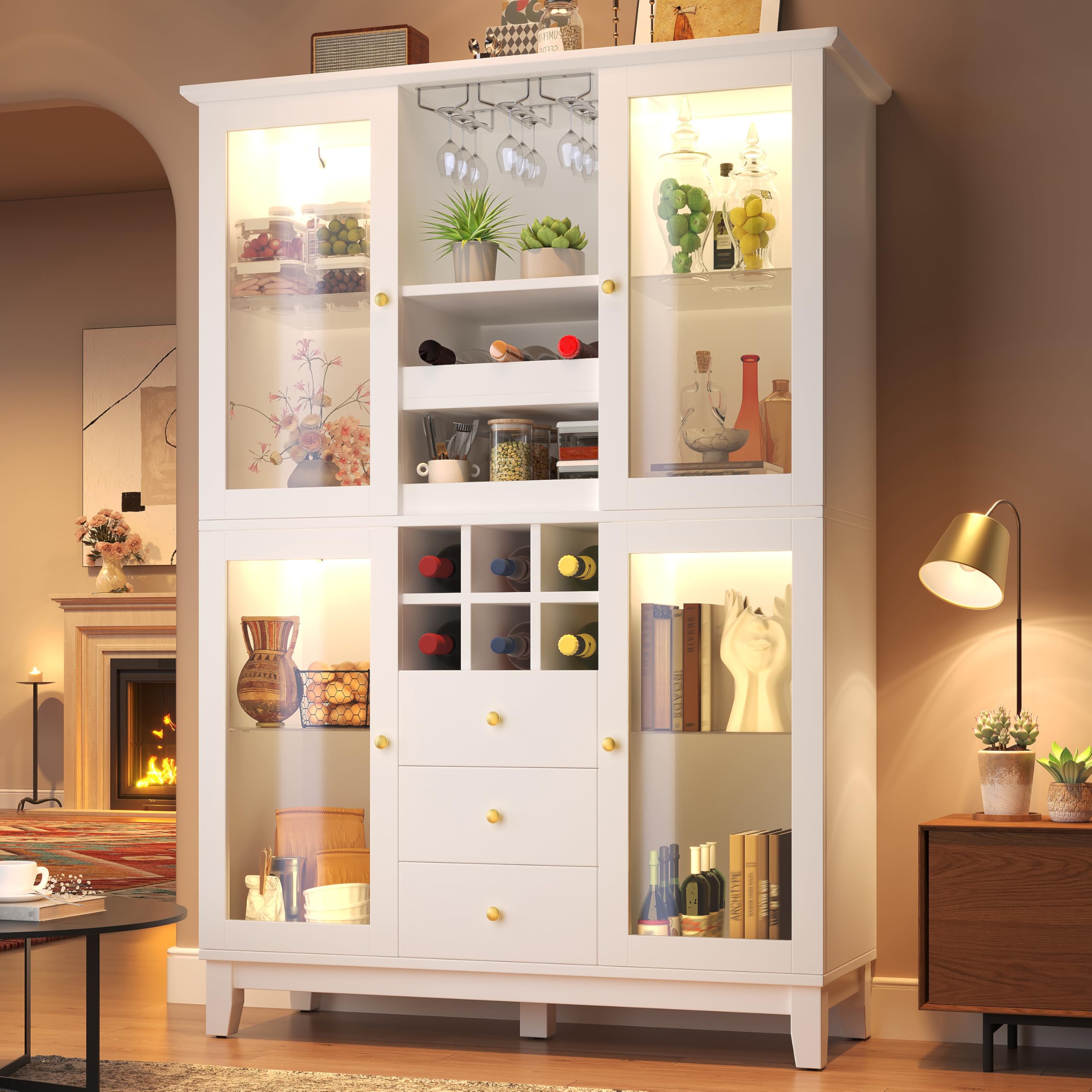 Armadietto da cucina con portabottiglie e portabottiglie, armadietto da vino con 3 cassetti, armadio alto da cucina con illuminazione a LED, armadietto per cucina, sala da pranzo, soggiorno