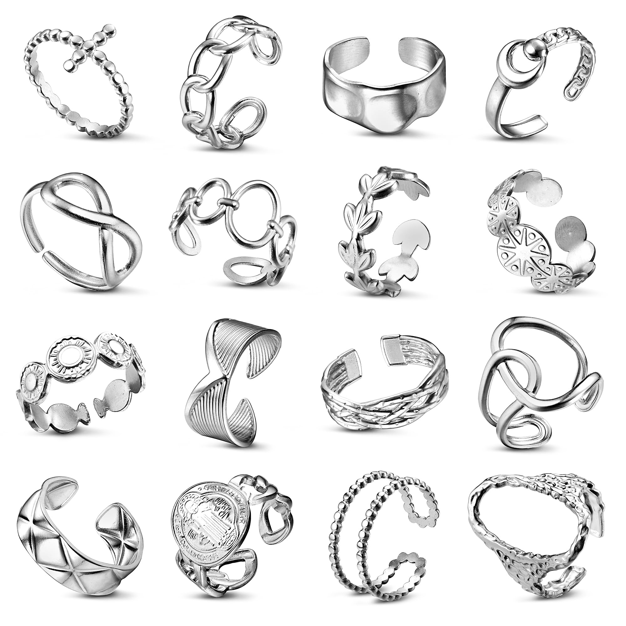 Adramata16 Pcs Anillos Mujer Acero Inoxidable Anillo Flor Corazón Mariposa Anillos Ajustables Abiertos Apilables Anillos Punk Geniales Boho Anillos de Pulgar Anillos Mujer Plata