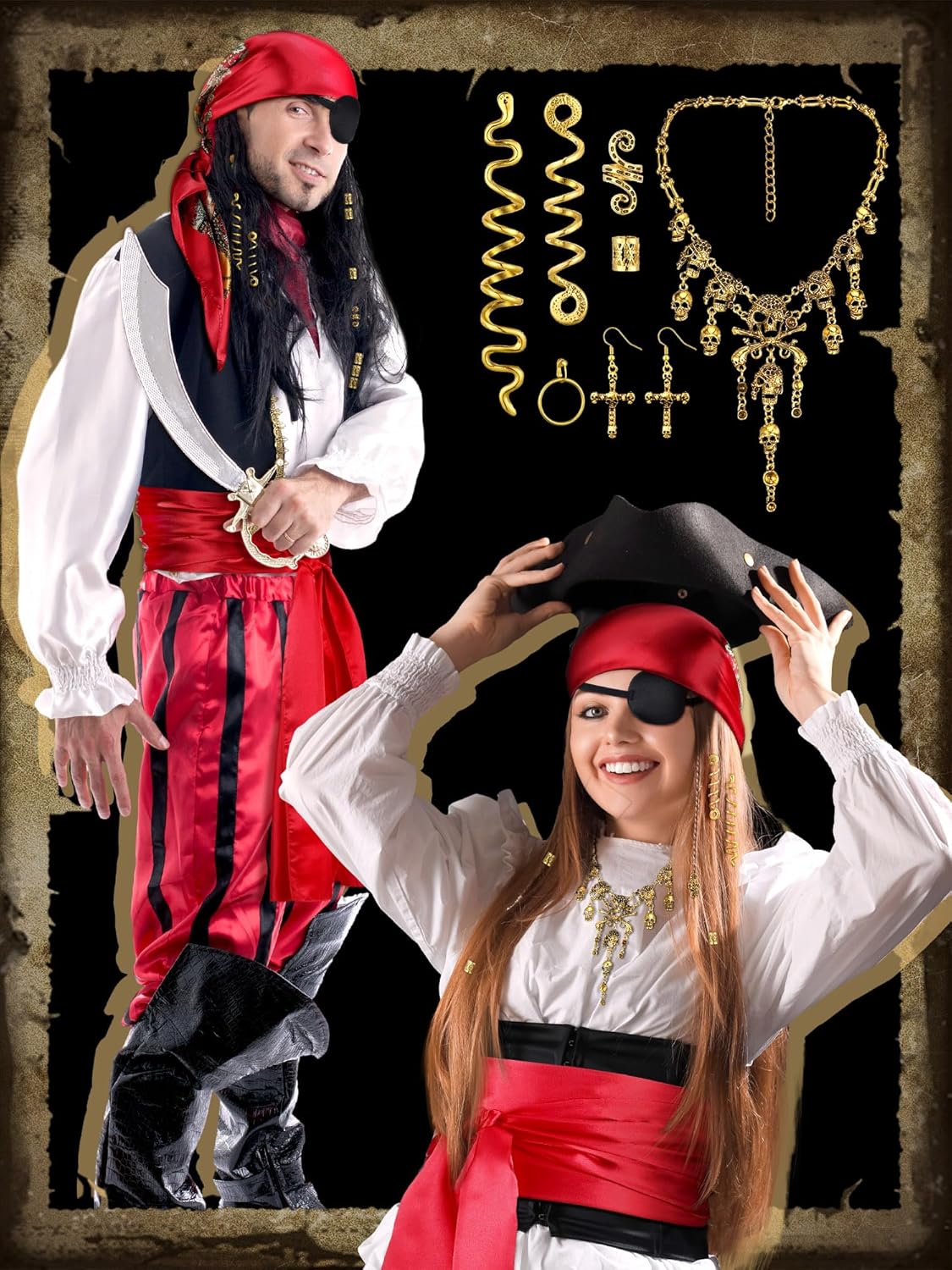 Remuuly 24 Pcs Pirate Costume Women Rave Accessories Pirate Head Scarf Sash Belt Eye Patch Necklace Earring Hair Accessory - Image 2