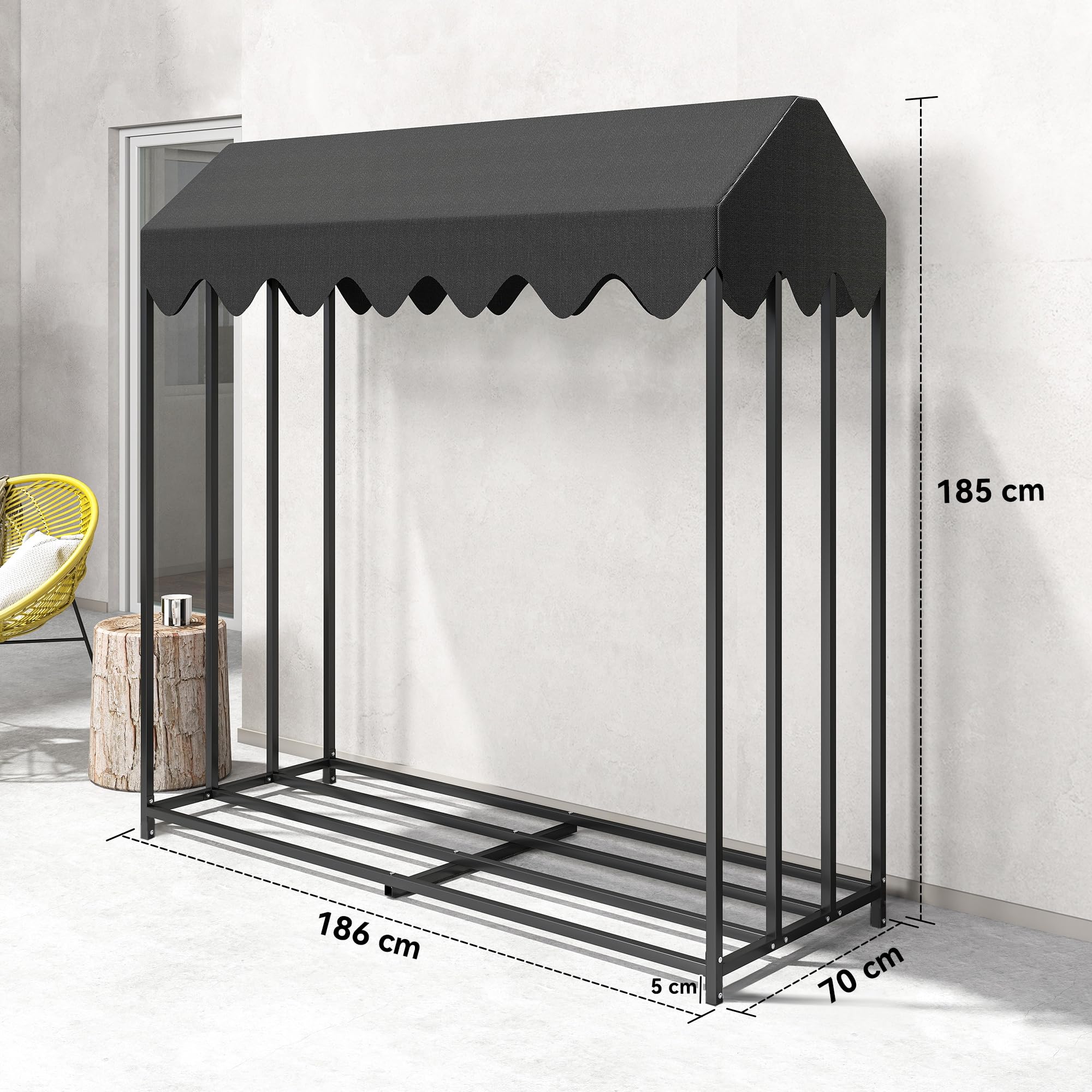 Outsunny Estante de Leña Metálico, 186x70x185 cm, Leñero Exterior con Cubierta Impermeable 600D Oxford, Marco de Acero, Soporte para Leña de Chimenea, para Jardín, Terraza