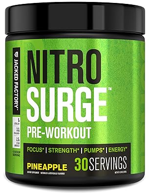 Jacked Factory NITROSURGE Pre Workout Supplement - Energy Booster, Instant Strength Gains, Clear Focus & Intense Pumps - NO Booster & Powerful Preworkout Energy Powder - 30 Servings, Blue Raspberry