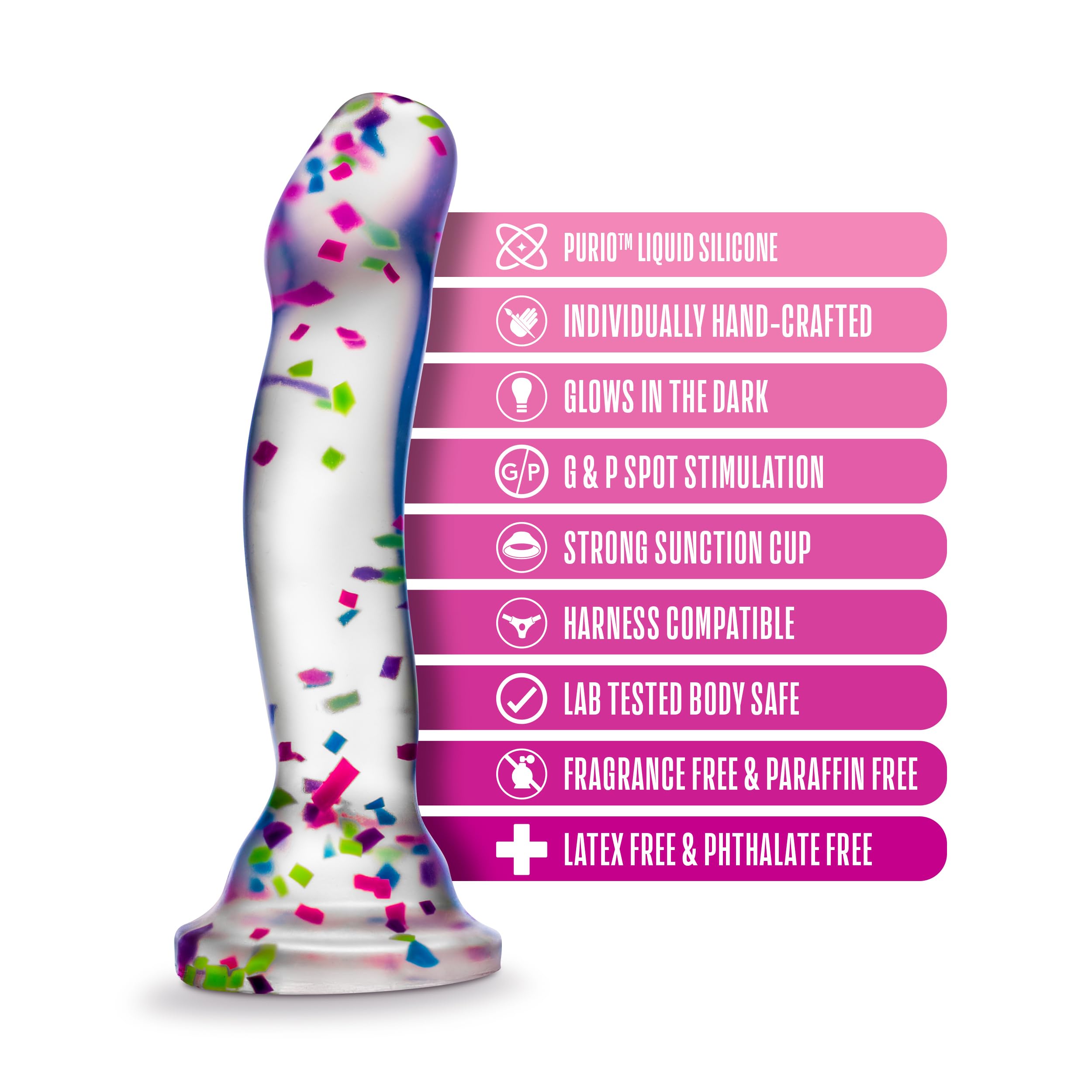 Blush Novelties Neo Elite Purio Silicone Glow in The Dark Dildo - 7.5 Inch Clear Dildo with Fun Confetti - Thoughtful Curves for G Spot & P Spot Pleasure - Silky Smooth Non Pourous - Sex Toy