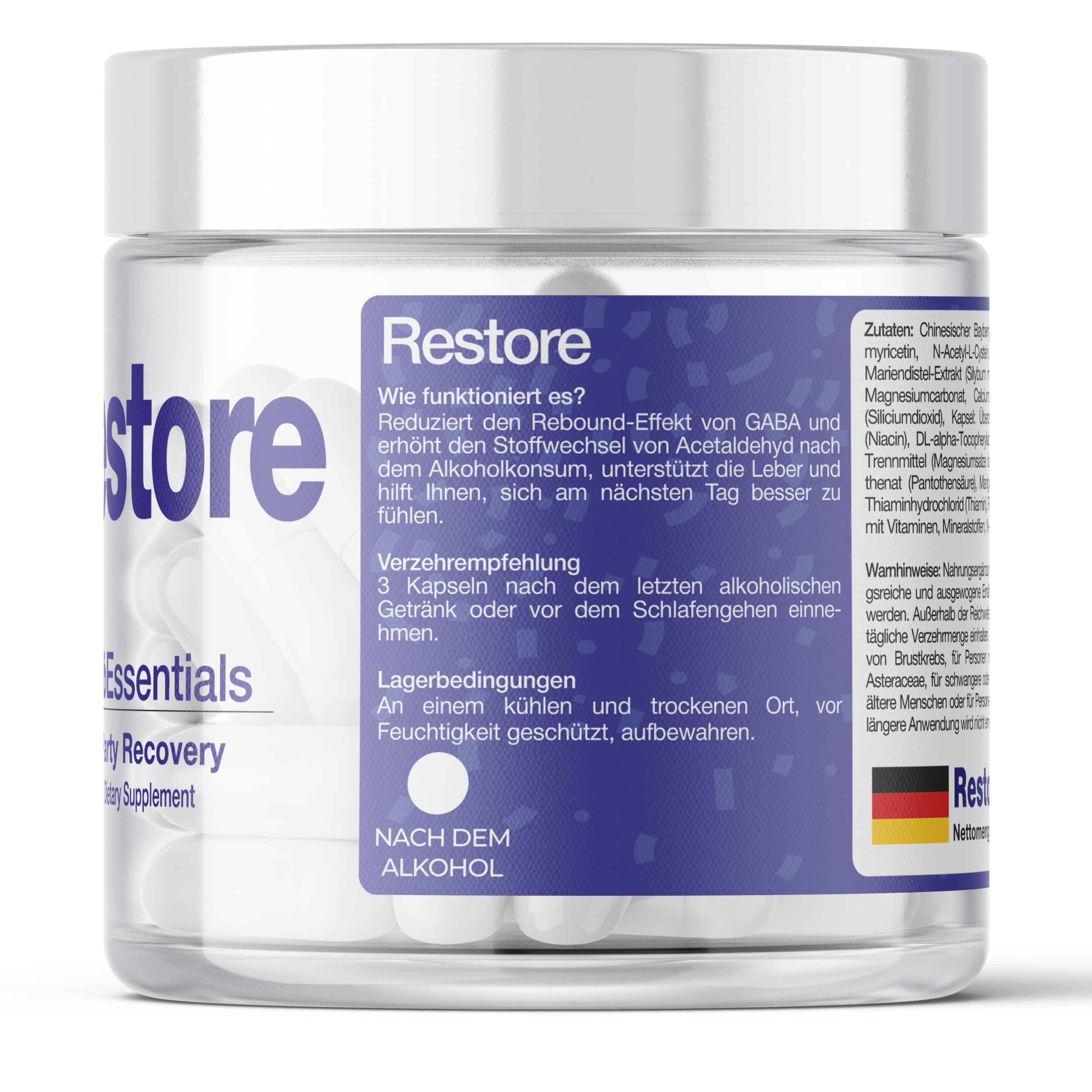 Restore – Post-Party Leber Komplex – Leberschutz & Regeneration – DHM Dihydromyricetin 894mg & NAC 300mg – Mariendistel 250mg & Kudzu + Elektrolyte – 72 Kapseln · 24 Anlässe
