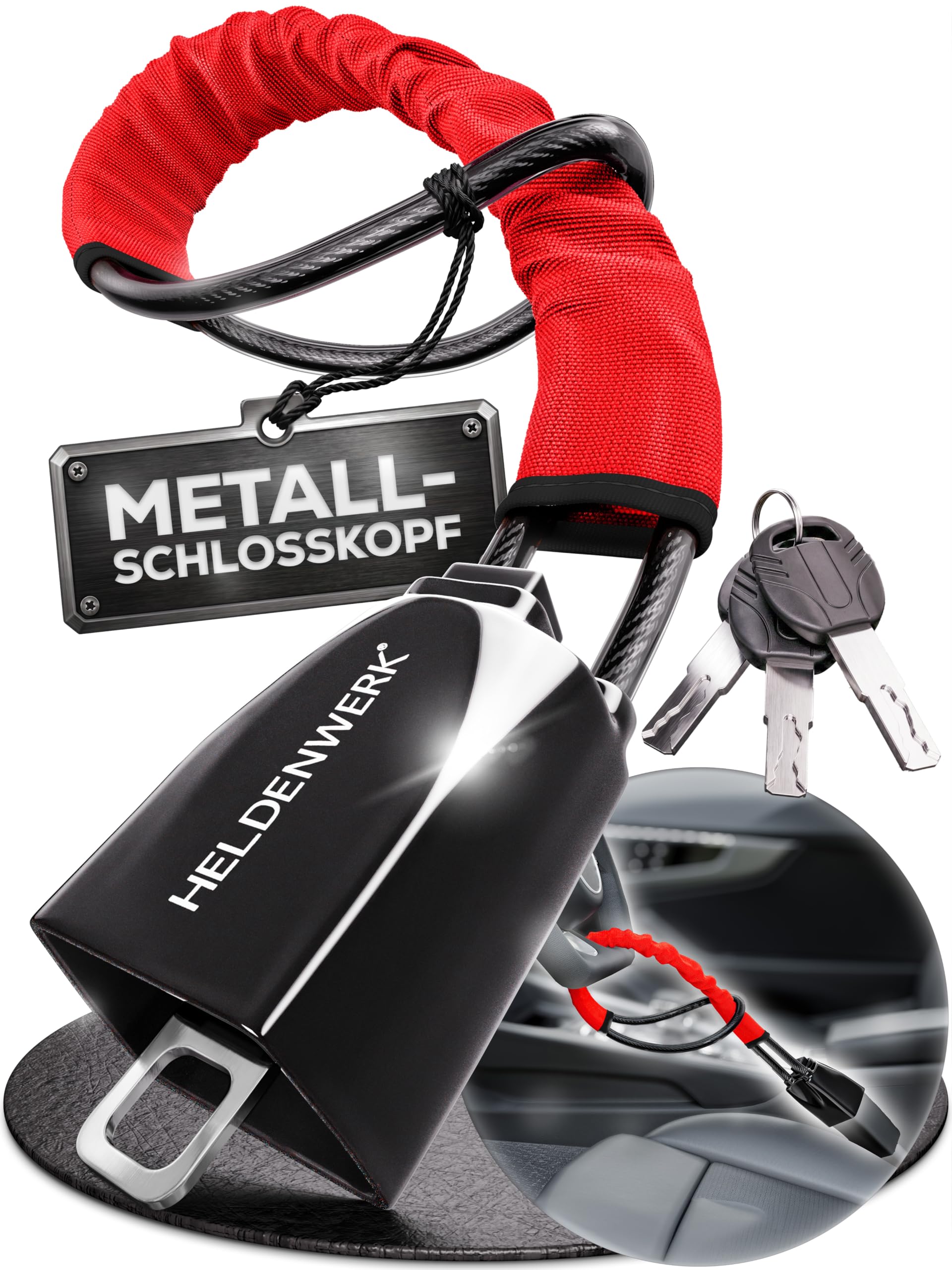 HELDENWERK® Artiglio volante per auto e camper in metallo – Misura universale – Blocco volante con corda d'acciaio spessa – Immobilizzatore antifurto con 3 chiavi di sicurezza (rosso)
