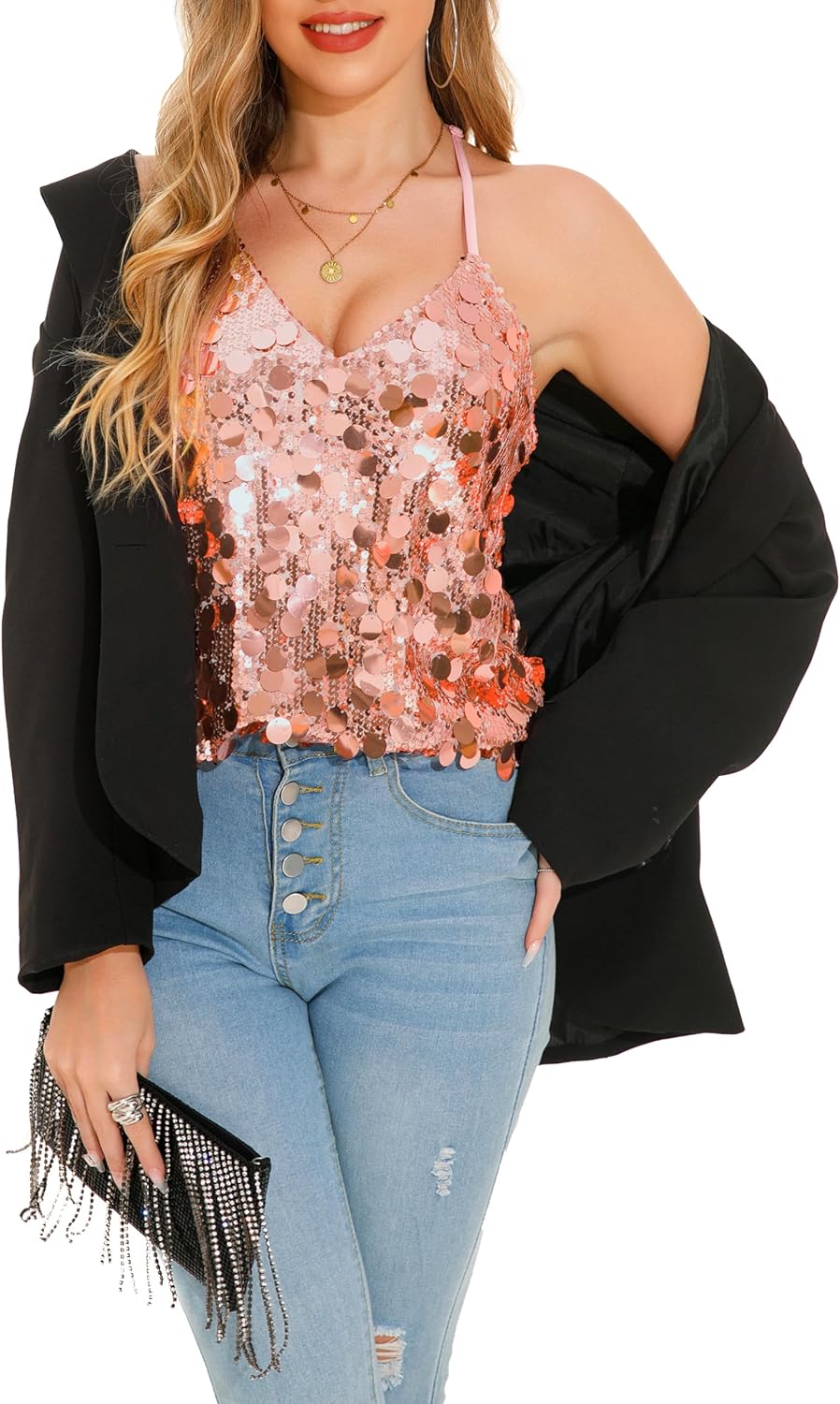 GUANYY Sequin Tops for Women Sparkly Strappy Tank Tops Sexy V Neck Top Concert Outfits Party Disco Club Night - Image 16