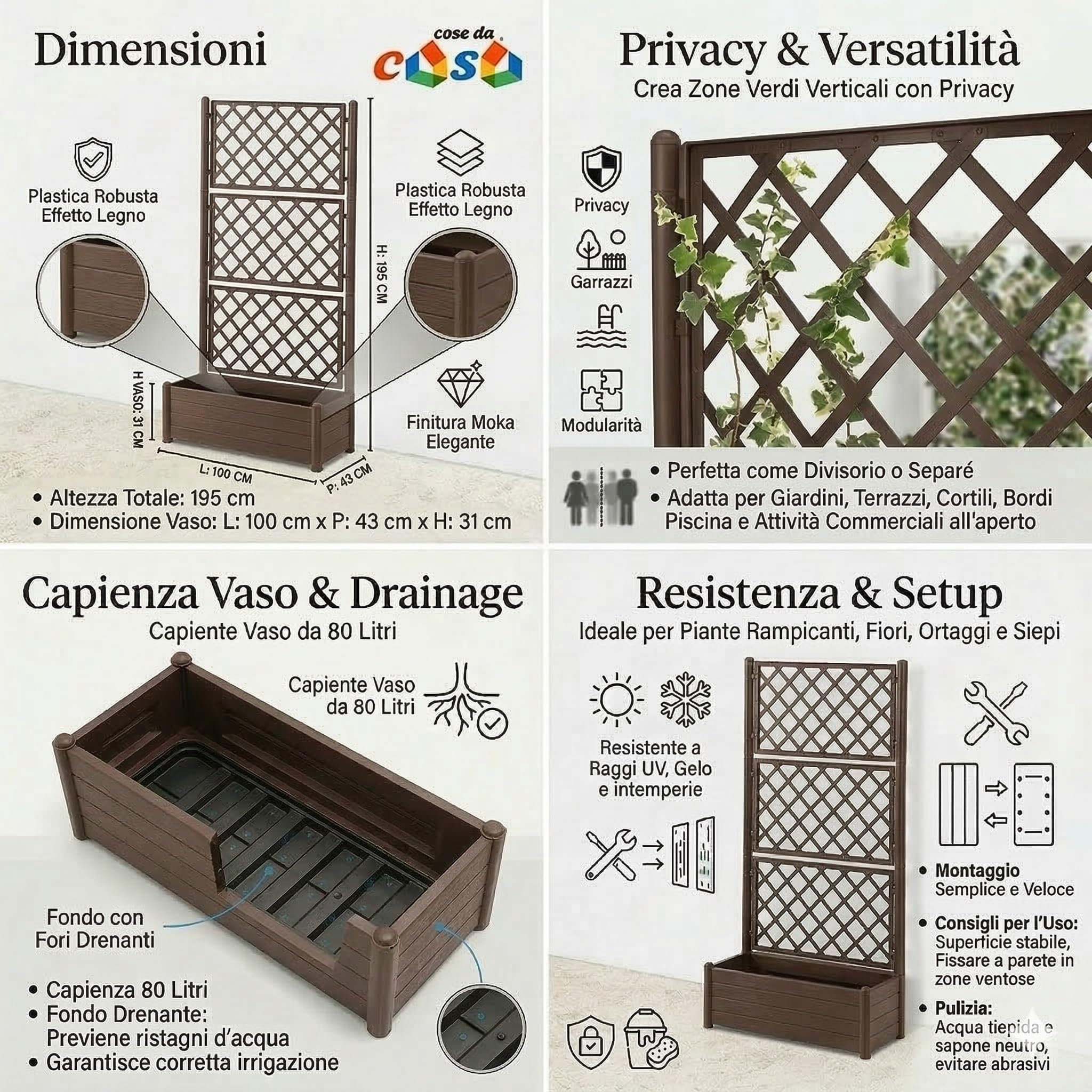 Fioriera Moka con vaso rettangolare cm 100x43 o vaso quadrato 43x43 e Spalliera Grigliata separe' alta cm 195 graticola rampicante per piante e fiori per Esterni Giardini (rettangolare 100x43 cm)