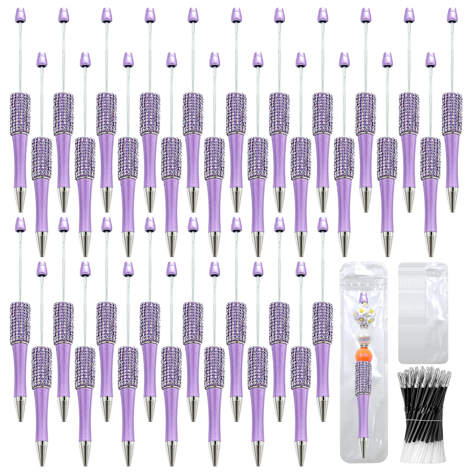 150 Pcs DIY Diamond Beadable Pen Kit - 50 Plastic Rhinestone Beaded Pens Bulk with Refills &amp; Bags - Fancy Cute Glitter Pens for Crafting, Students &amp; Teachers – School Supplies (Purple)