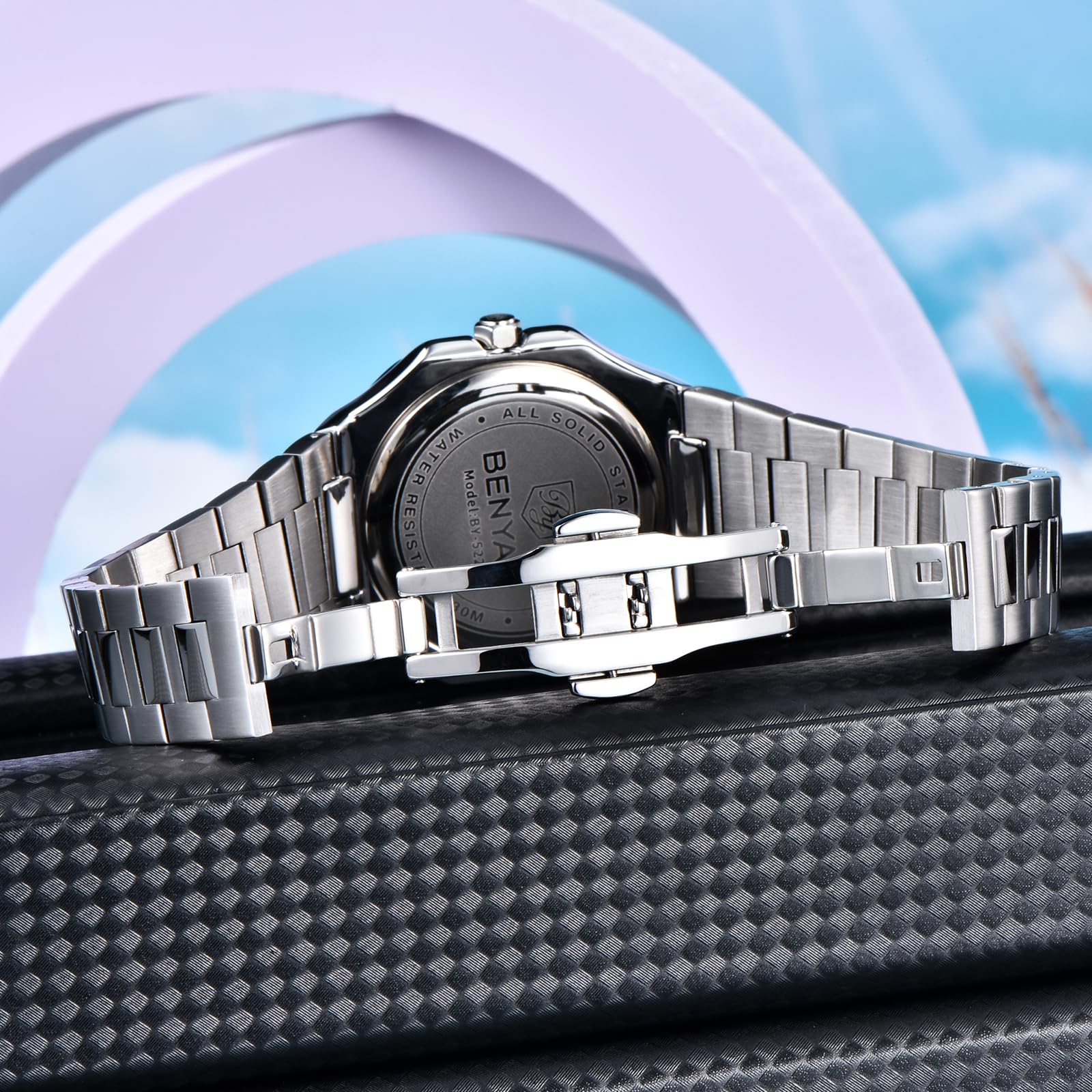 BENYAR Orologio da uomo al quarzo, 37 mm, in acciaio inox, con data, giorno, fasi lunari, cristallo Hardlex, orologio da polso casual sottile BY-5221