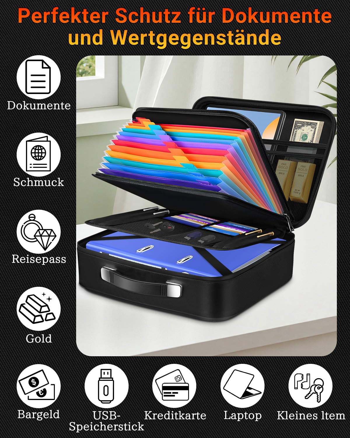 Boîte à documents ignifuge – Organisateur de documents rigides avec serrure à combinaison et 13 compartiments, portable, imperméable, ignifuge, pour fichiers A4, certificats, ordinateur portable et