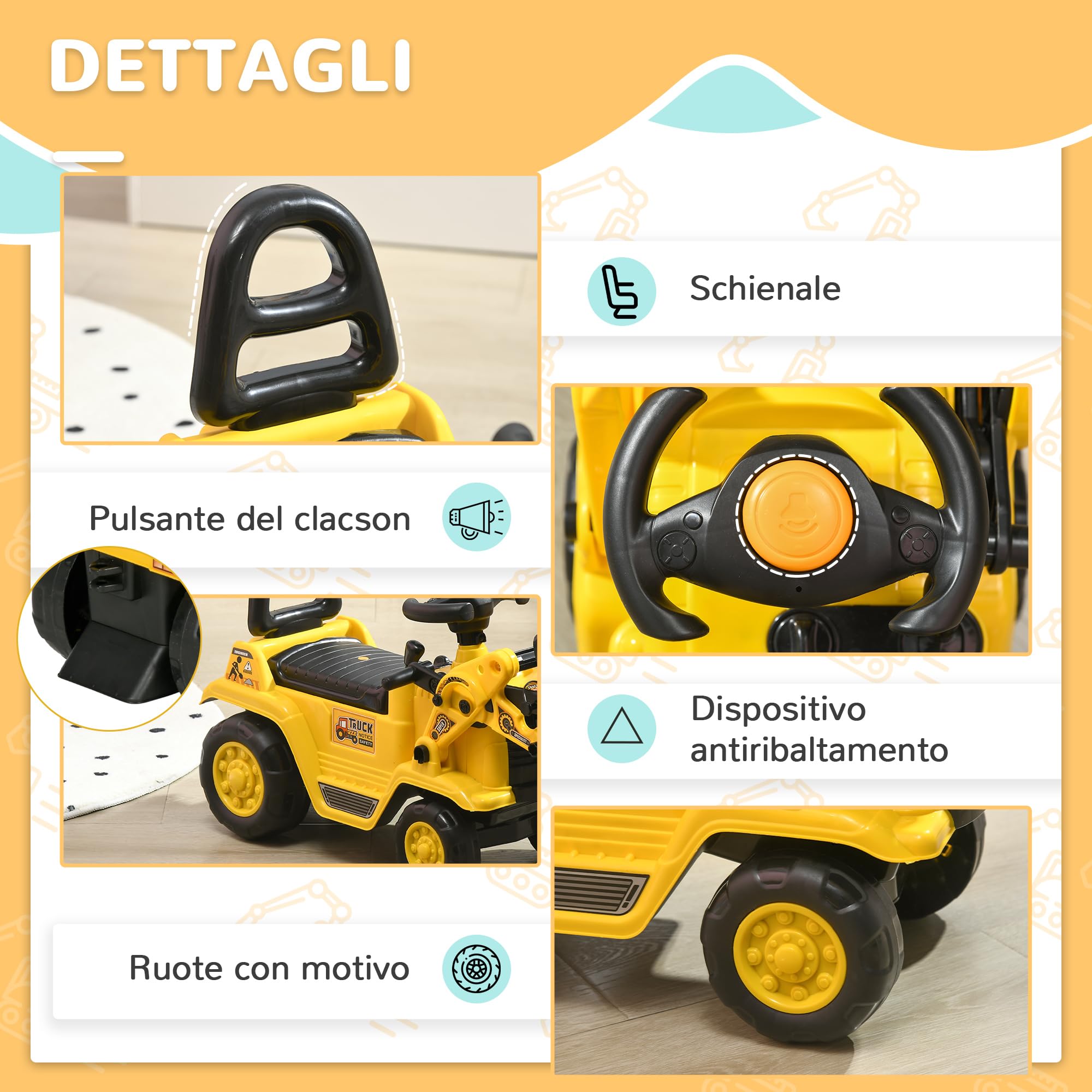 HOMCOM Escavatore per Bambini con Benna, Schienale e Spazio Contenitore a Scomparsa, Ruspa Giocattolo in PP e ABS, 80x26.5x39 cm, Giallo e Nero