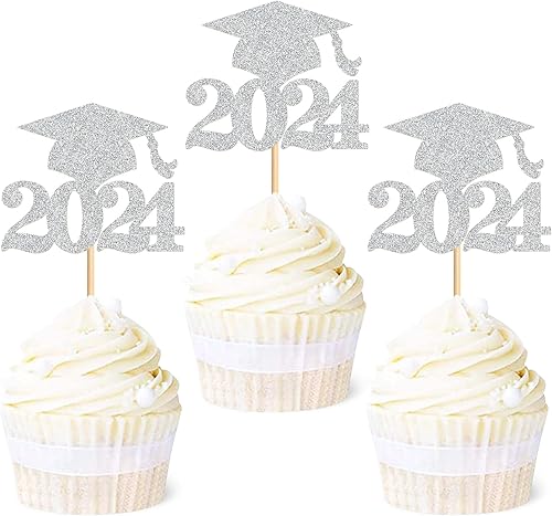 Ercadio Paquete de 36 adornos para cupcakes de graduación 2023 con purpurina plateada 2023, selecciones para cupcakes 2023, decoraciones de pasteles