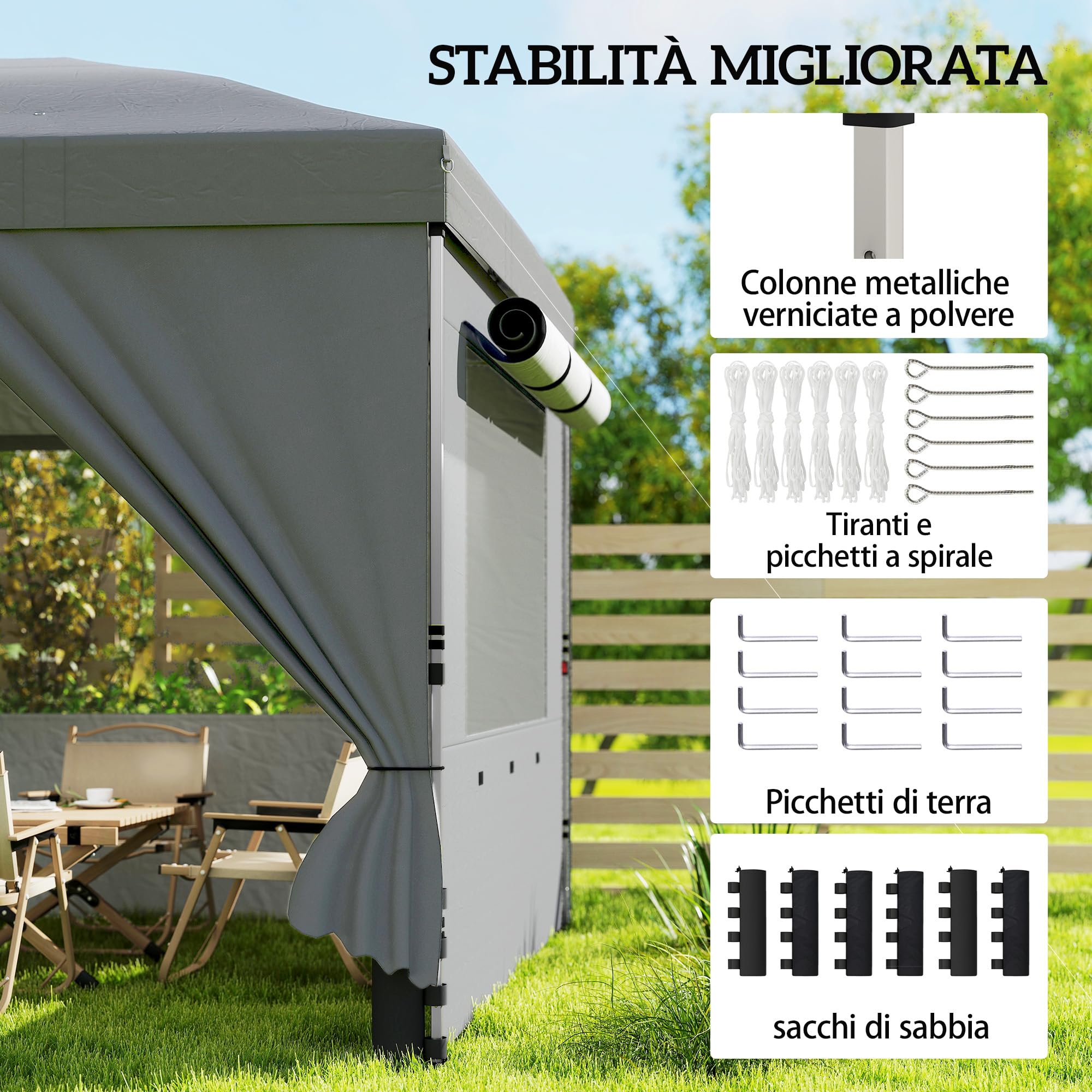 Outsunny Gazebo Pieghevole 3x6m Pop Up con 6 Pareti Laterali e Finestre in Rete, Gazebo da Giardino Altezza Regolabile con Sacchi di Sabbia, Borsa a Ruote, UV50+ per Esterno Feste, Grigio Scuro