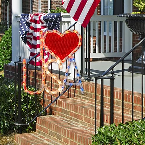 Miniatura 2 de Escultura patriótica iluminada del día de la independencia de la silueta de la ventana 50L iluminada roja, blanca y azul I Love USA