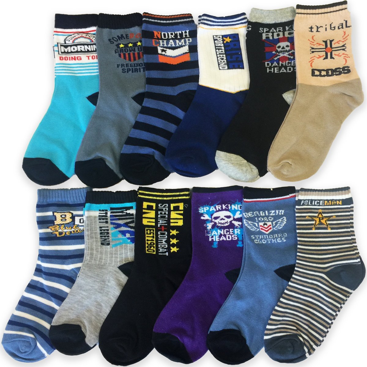 Boy's Ankle Socks Assorted Designs Crew 12 Pack