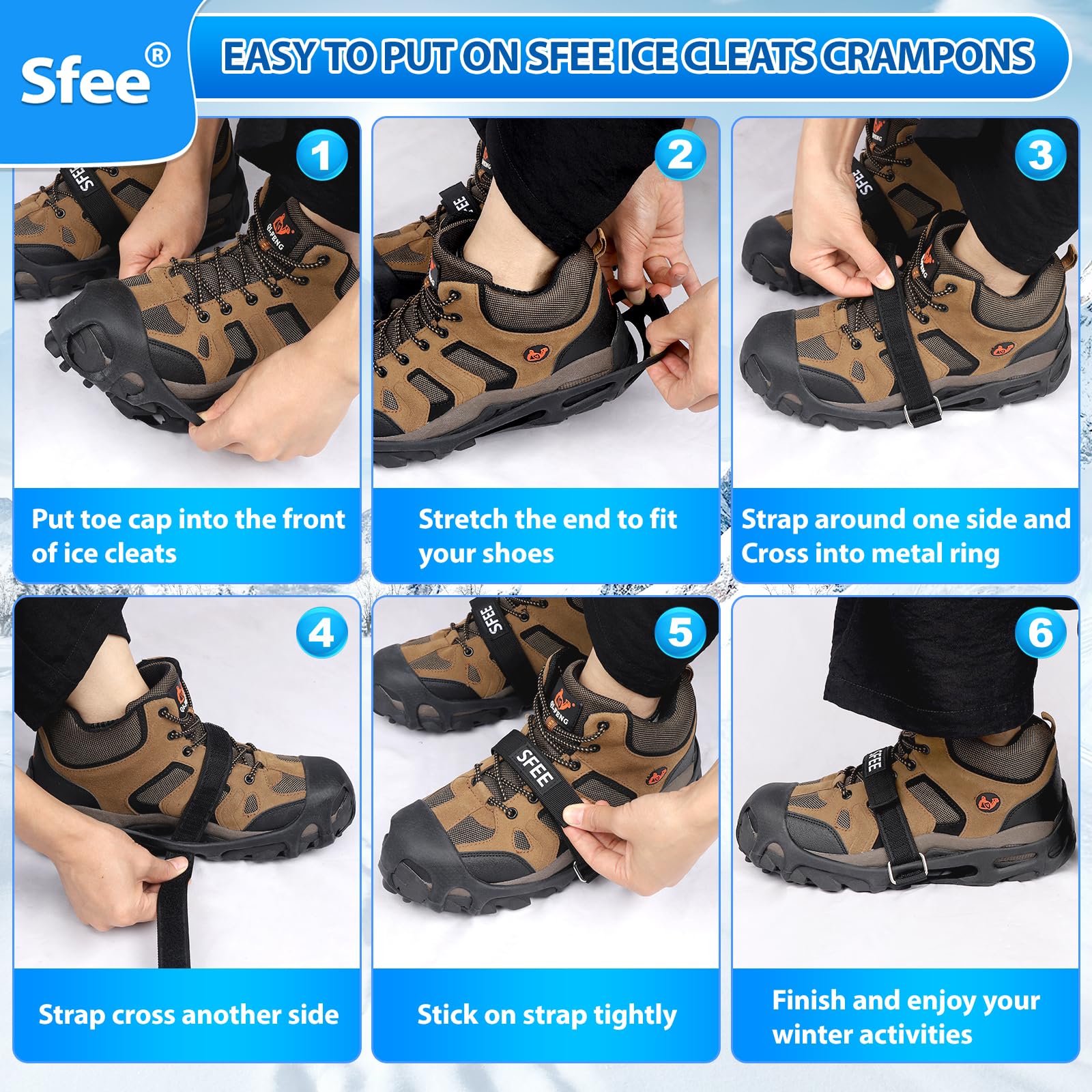 Sfee Crampons à glace pour chaussures et bottes, 28 crampons en acier ultra adhérents pour homme et femme, antidérapants, pour chaussures et bottes pour la marche, la randonnée, l'escalade, la pêche