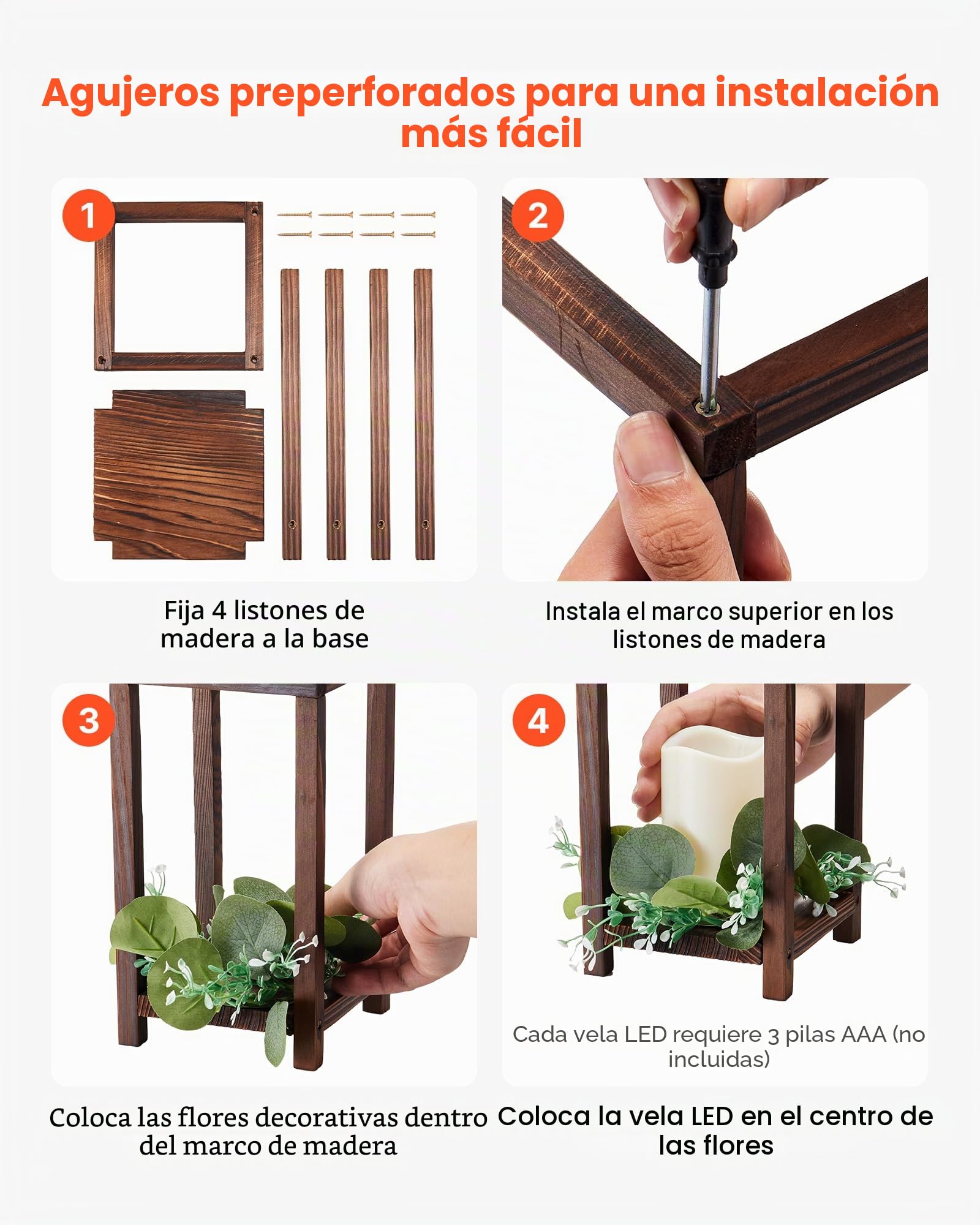VEVOR Faroles de Madera para Bodas 12 Juegos con Velas LED y Coronas de Flores, Farolillos para Velas 140 x 140 x 254,8 mm, Candelabros para Decoración Rústica de Mesa de Boda, para Fiestas, Marrón