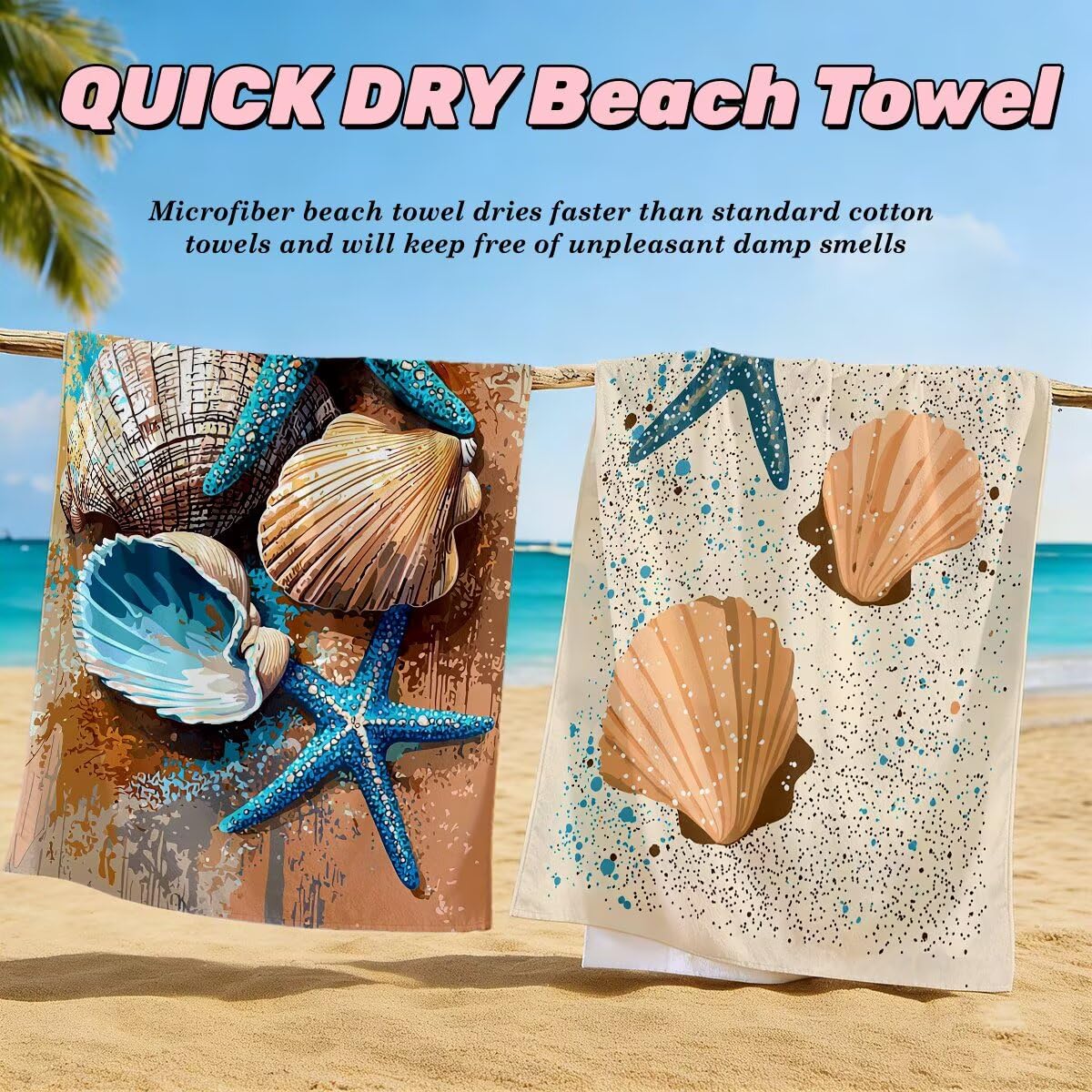 Serviette de Plage XXL 70x140 cm, Lot de 2 Serviette de Bain Microfibre, Anti Sable Serviettes Plage, Séchage Rapide Drap de Bain pour Homme Femme, Portable Serviettes pour Sport (Étoile de mer) -4739