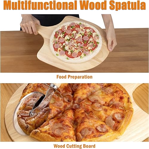 Miniatura 3 de SHINESTAR Pala de pizza de 12 pulgadas, paleta de madera para pizza casera, tabla de cortar natural y tabla de queso, tabla de cortar con cortador