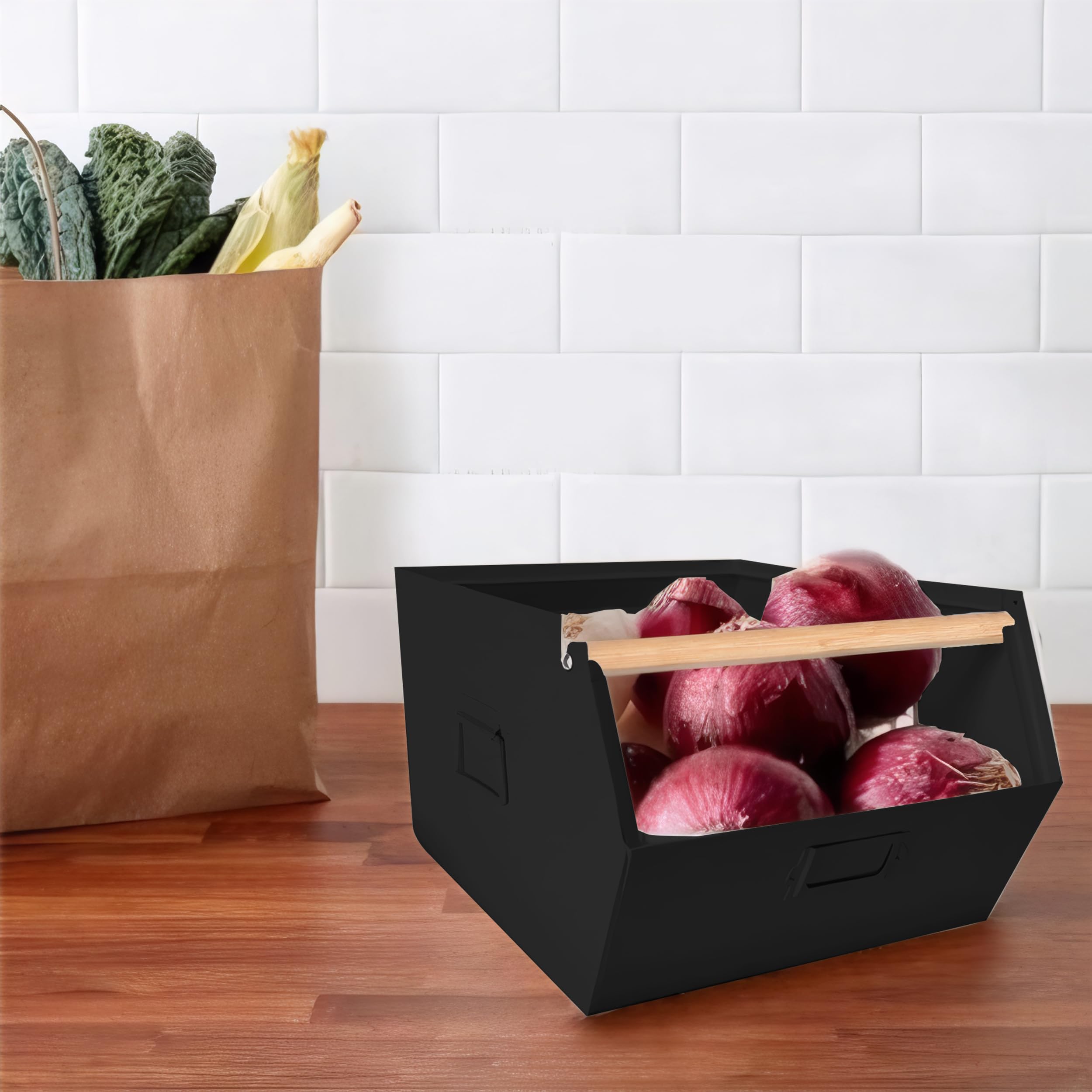 XZ-22276-2 Juego de 3 Cajas de Metal Apilables con Mango de Madera - Organizadores Multiusos para Cocina, Oficina o Hogar - Fuertes, Elegantes y Duraderas (Negro)