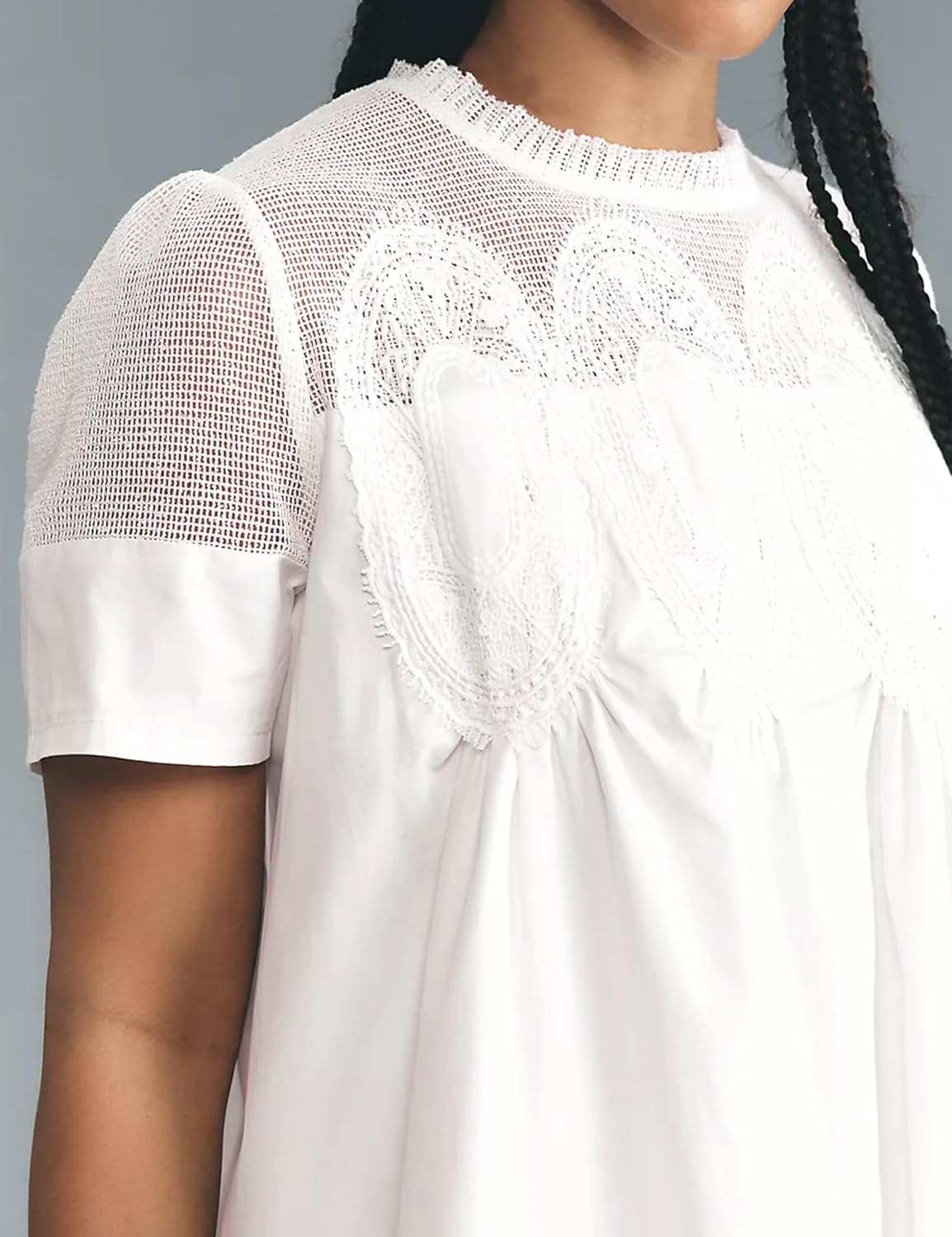 Womens Summer Lace Mini Babydoll Dress Ruffled Collar Short Sleeve Loose Mesh Swing Elegant Flared Sundress (White01-X-Large) - Image 3