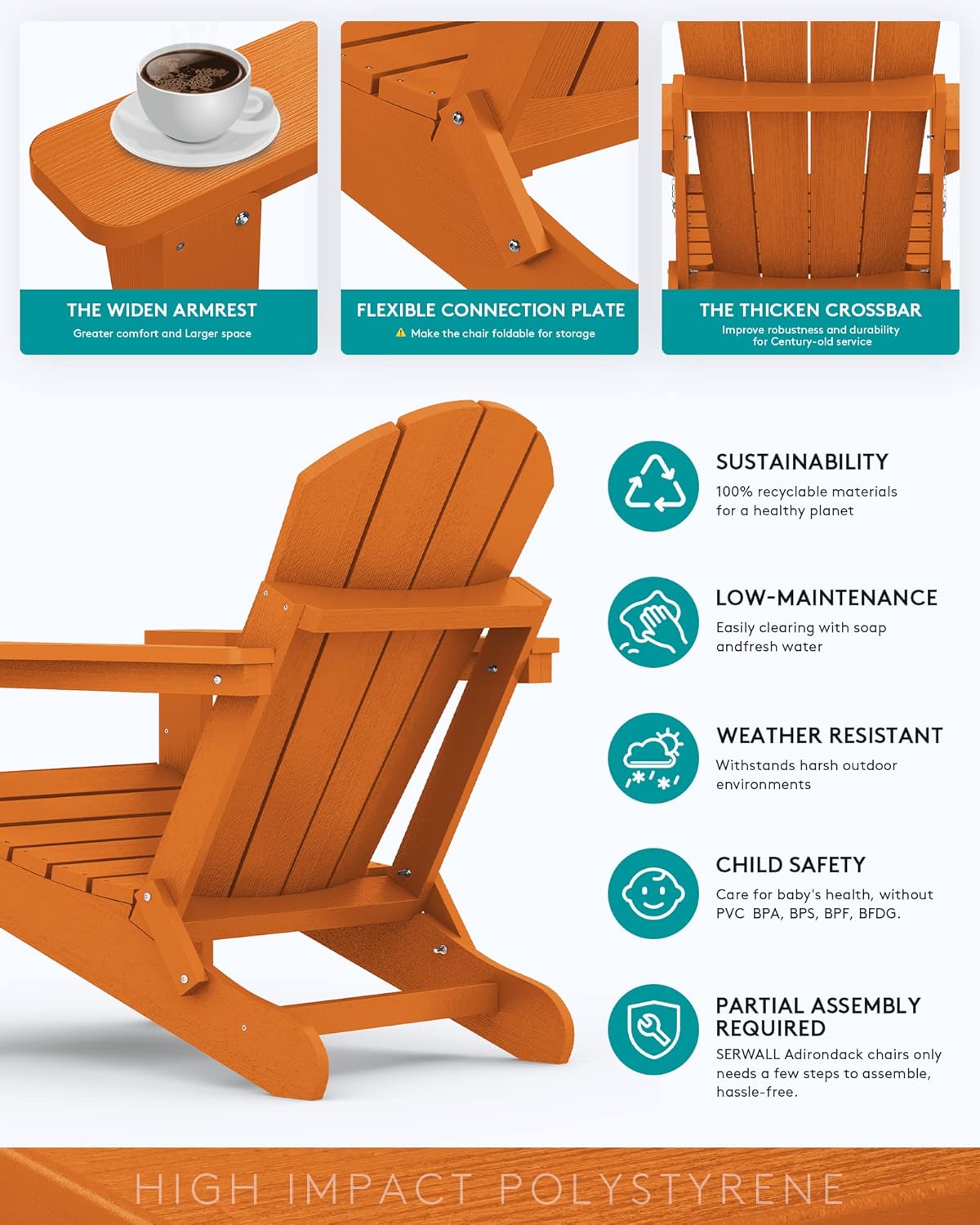SERWALL Foldable Adirondack Chair with Cup Holder Set of 2 for Patio Garden Outdoors Fire Pit Chairs-Orange