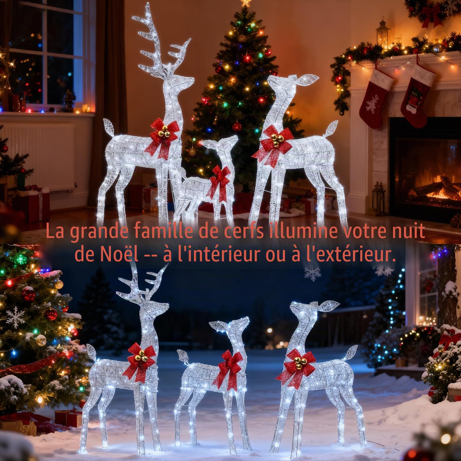 Décoration de Noël extérieure avec renne lumineuse : Figurine de renne LED pour jardin, décoration de Noël extérieure avec lumières blanc chaud, piquets de sol stables, cadre résistant aux intempéries