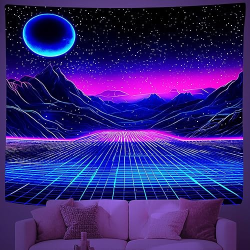 Miniatura 14 de Tapiz retro de onda sintética con luz negra, reactiva a los rayos UV, palmeras de carretera, tapices para colgar en la pared, carteles de luces