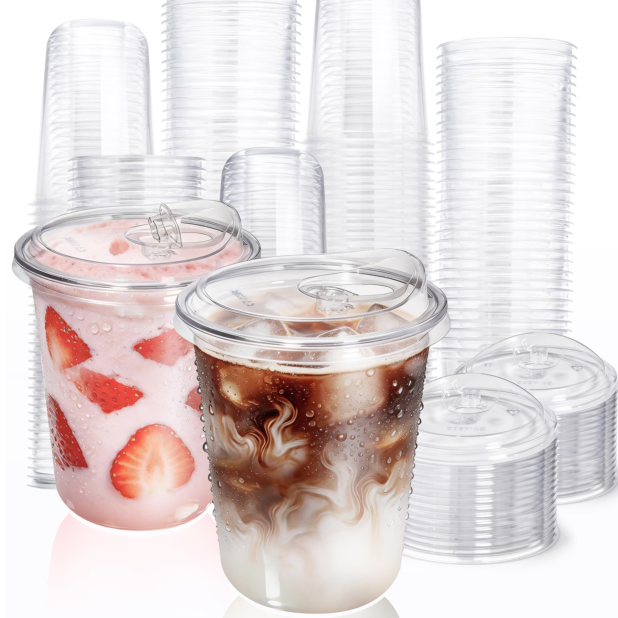Fit Meal Prep 100 Pack 16 oz Round Bottom Clear Plastic Cups with Strawless Sip Lids, Disposable Iced Coffee Cups with lids, Reusable BPA-Free to Go Cups for Smoothies, Pink Drinks, Party Drinks
