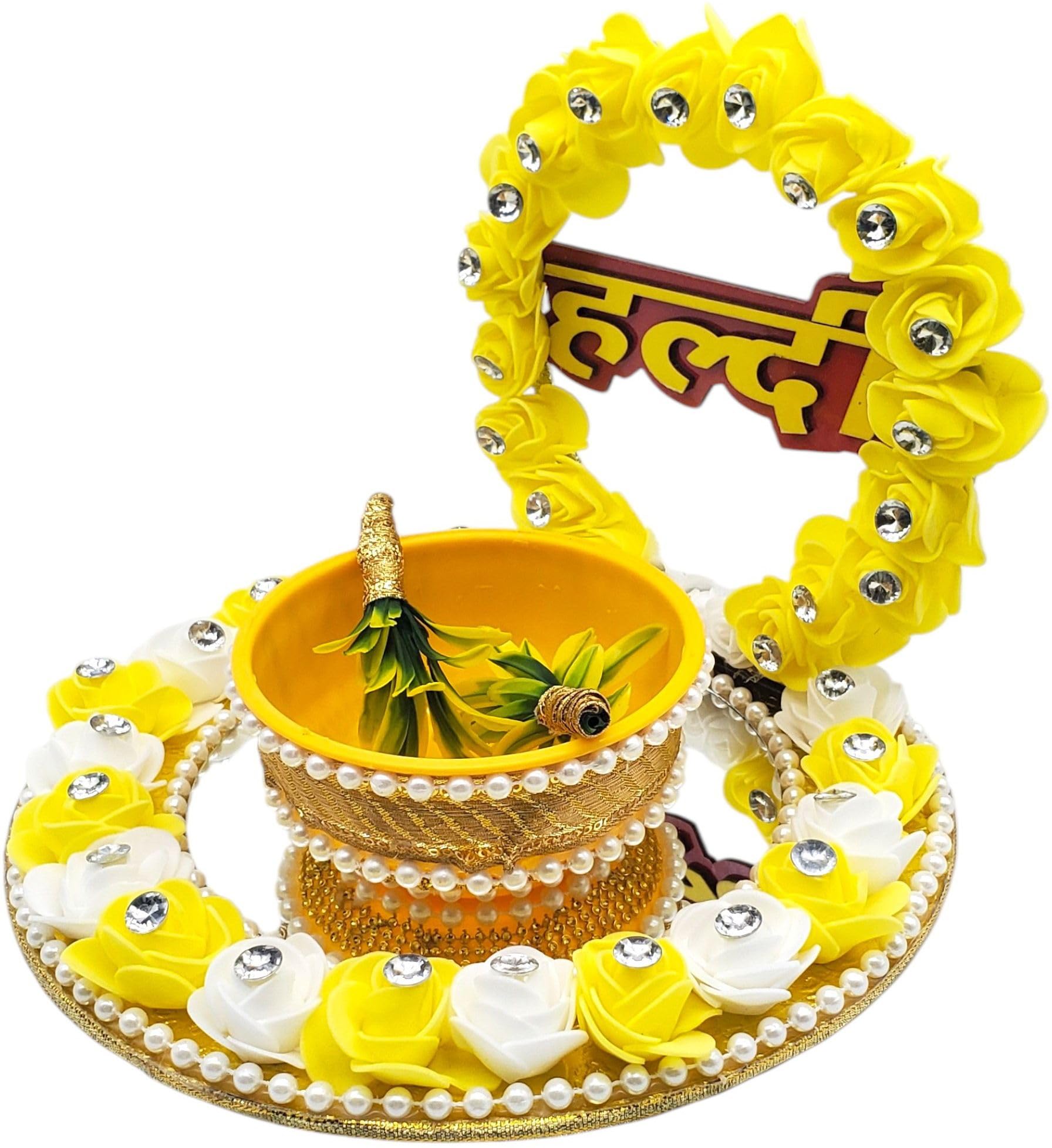 Haldi Ceremony Decor Stand with Floral Design | Decorative Haldi Function Tray for Wedding Setup 2