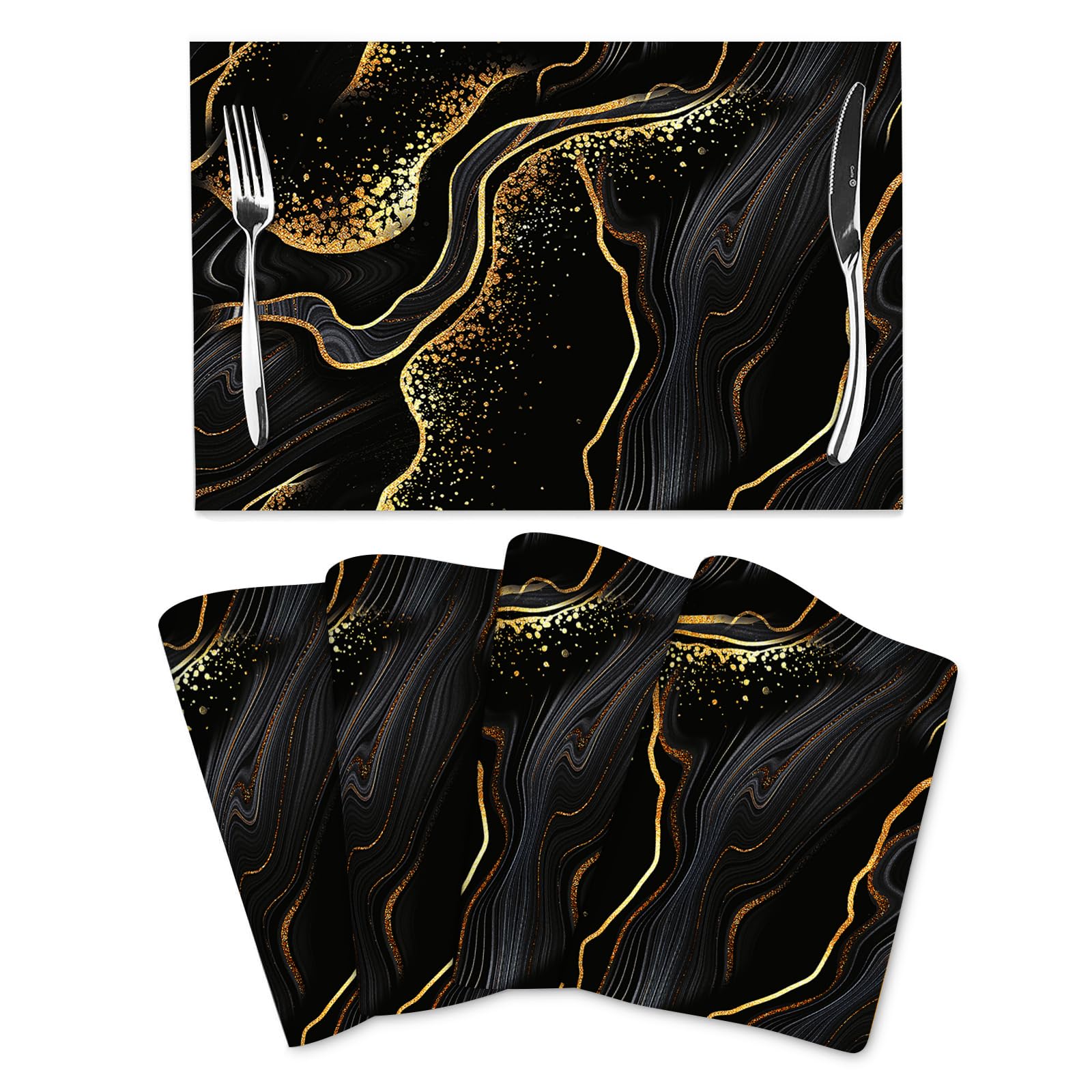 Black Gold Marble Texture Placemats Set of 4, Black Table Mats, Heat Resistant Washable Linen Place Mats for Kitchen Dining Table Farmhouse 12"x18", Black Gold Kitchen Decor