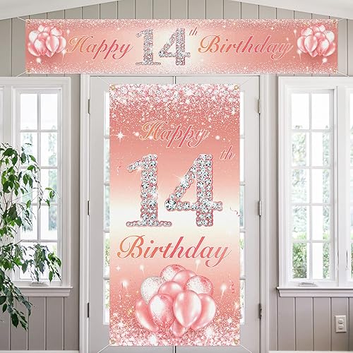 Juego de carteles largos de feliz cumpleaños 14 para puerta, porche, decoración de cumpleaños de 14 años, suministros de fiesta para niños, color