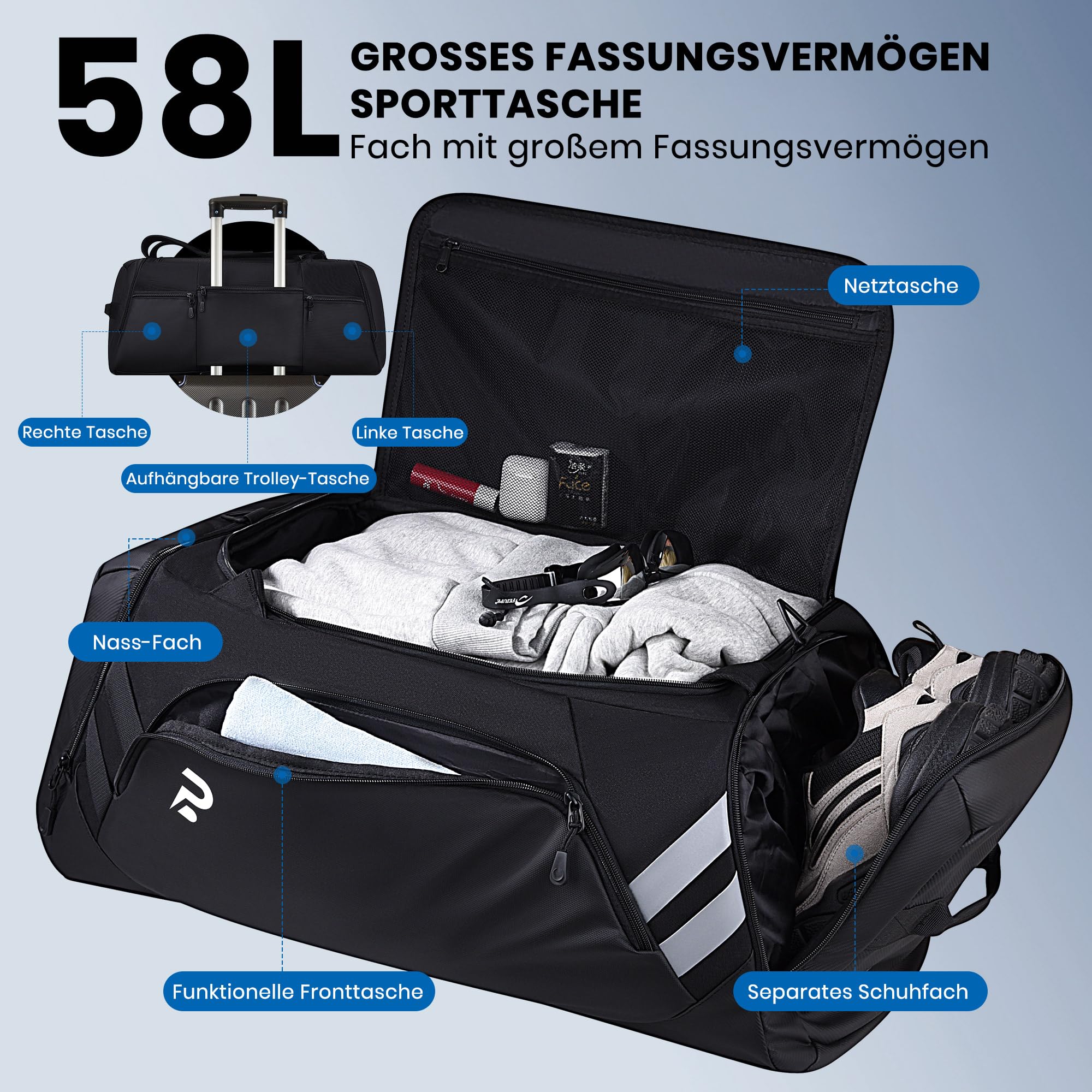 Sporttasche 58L Reisetasche mit Schuhfach und Nassfach, Gym Bag für Fitness, Schwimmen, Reisen