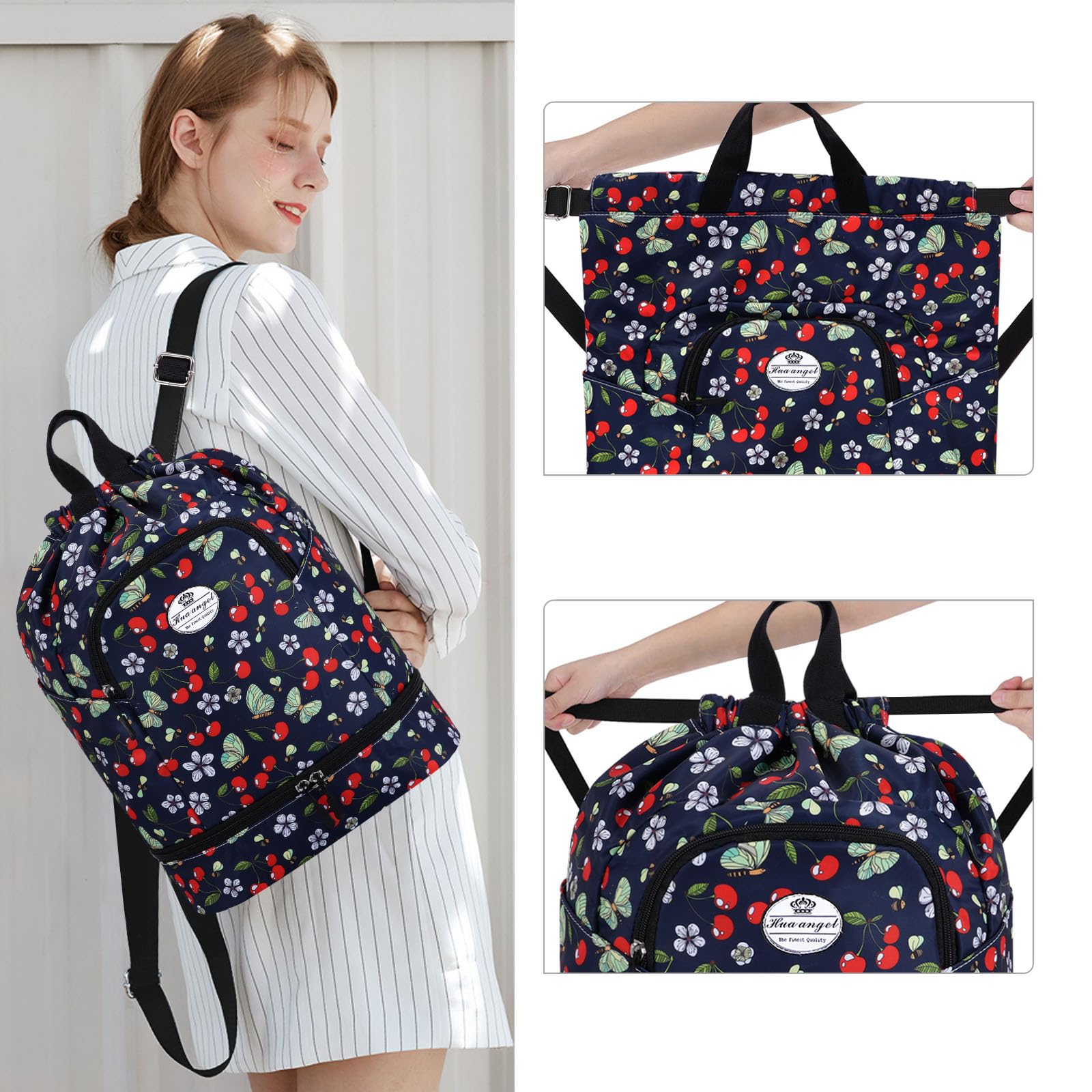 HUA ANGEL Sac à Dos avec Cordon Femme Ultra Léger Sacs a Dos de Sport Homme Avec Compartiment Chaussures pour Voyage Weekend Gym Basket Football Pickleball Piscine Plage - 2