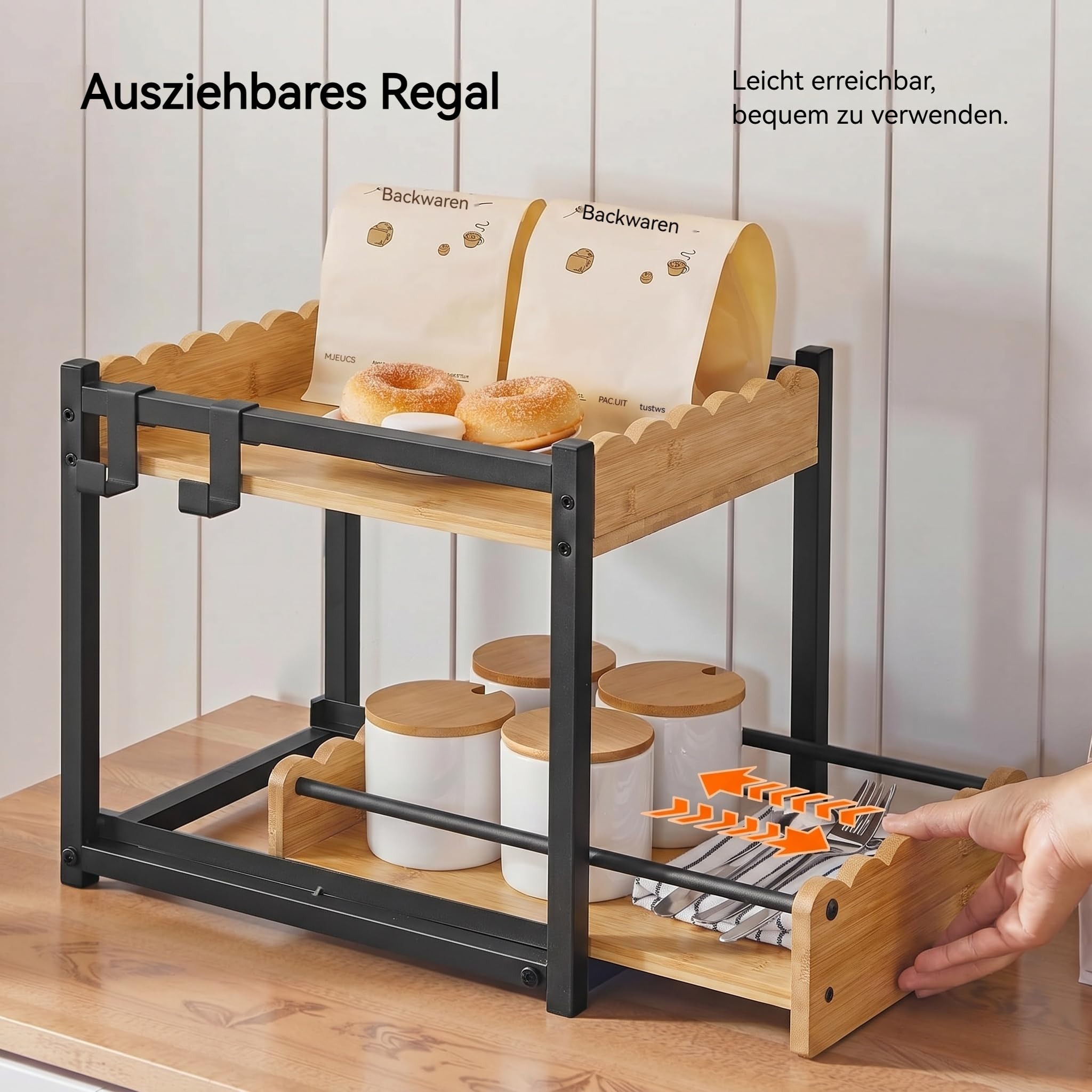 Organizzatore da banco a 2 ripiani in bambù naturale, moderno portaspezie industriale con ripiano estraibile e ganci, elegante contenitore per cucina e casa