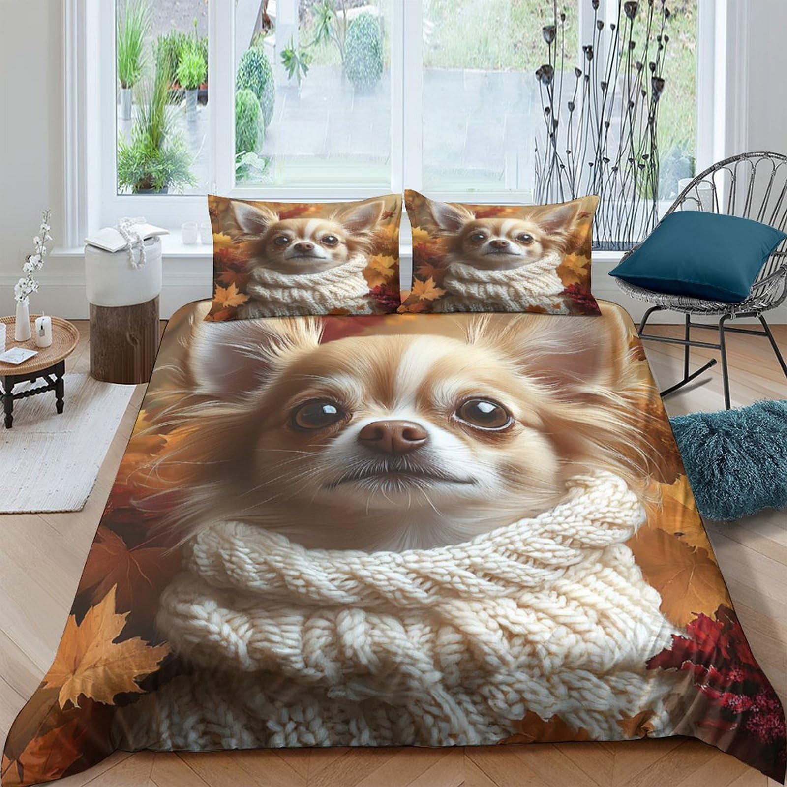P5V6M1Q9 3D Printed Cute Chihuahua Duvet Cover Microfiber Soft Autumn Leaves Bedding Set with 2 Pillowcases for Bedroom Decor Single（135x200cm）