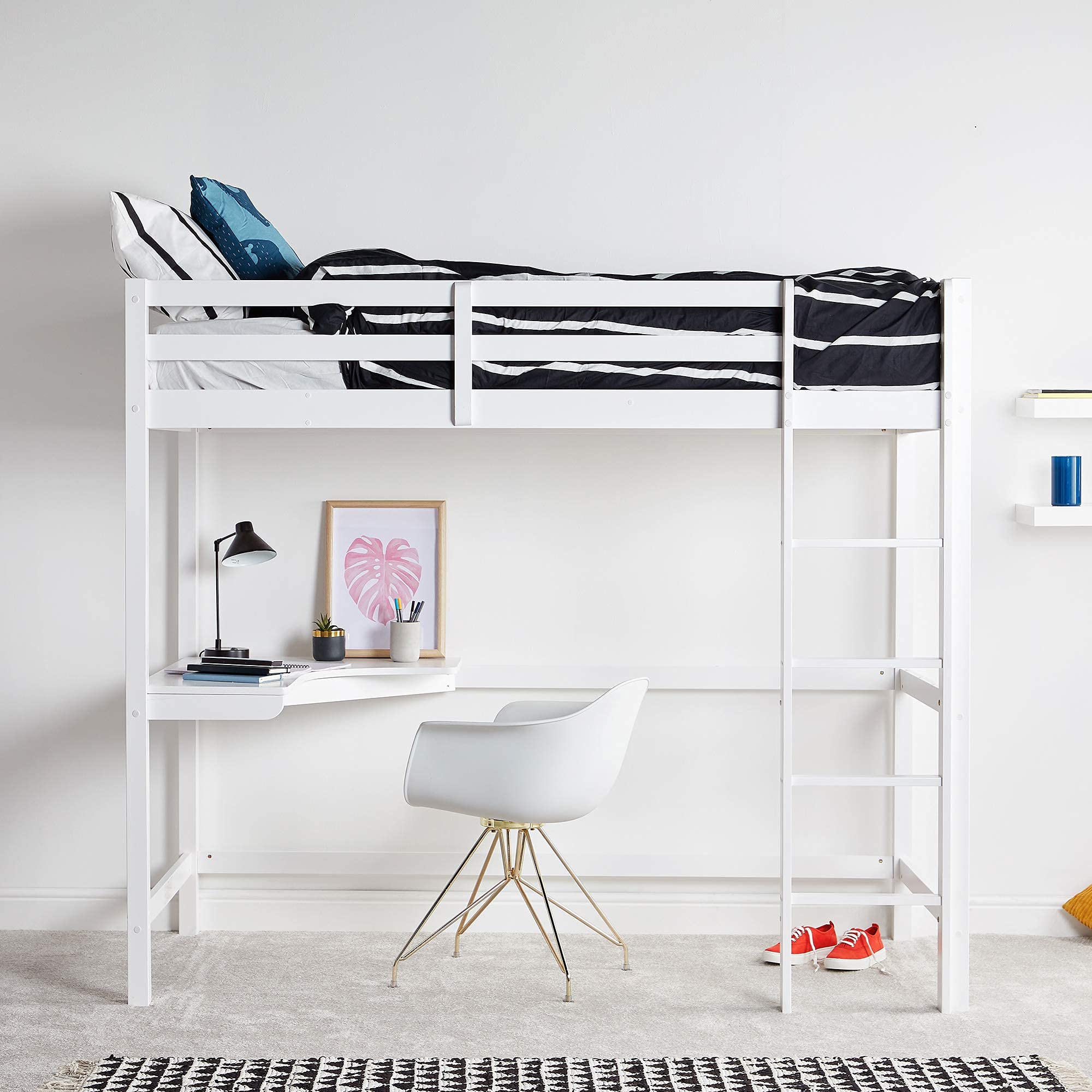 VonHaus High Sleeper Bed Frame with Desk White Wooden Study Bunk Bed