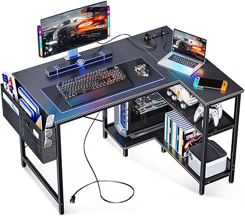 Miniatura 14 de ODK Escritorio pequeño en forma de L de 40 pulgadas para computadora con tomas de corriente, estantes de almacenamiento reversibles y soporte de PC