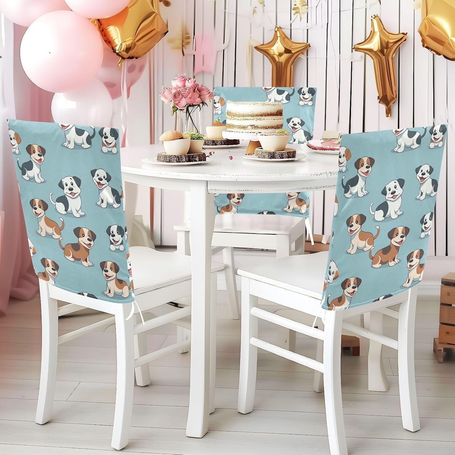 ALAZA Dogs Blue Chair Back Cover Set of 6, Washable Reusable Removable Chair Slipcovers Decorative Chair Cover for Home Kitchen Wedding Party