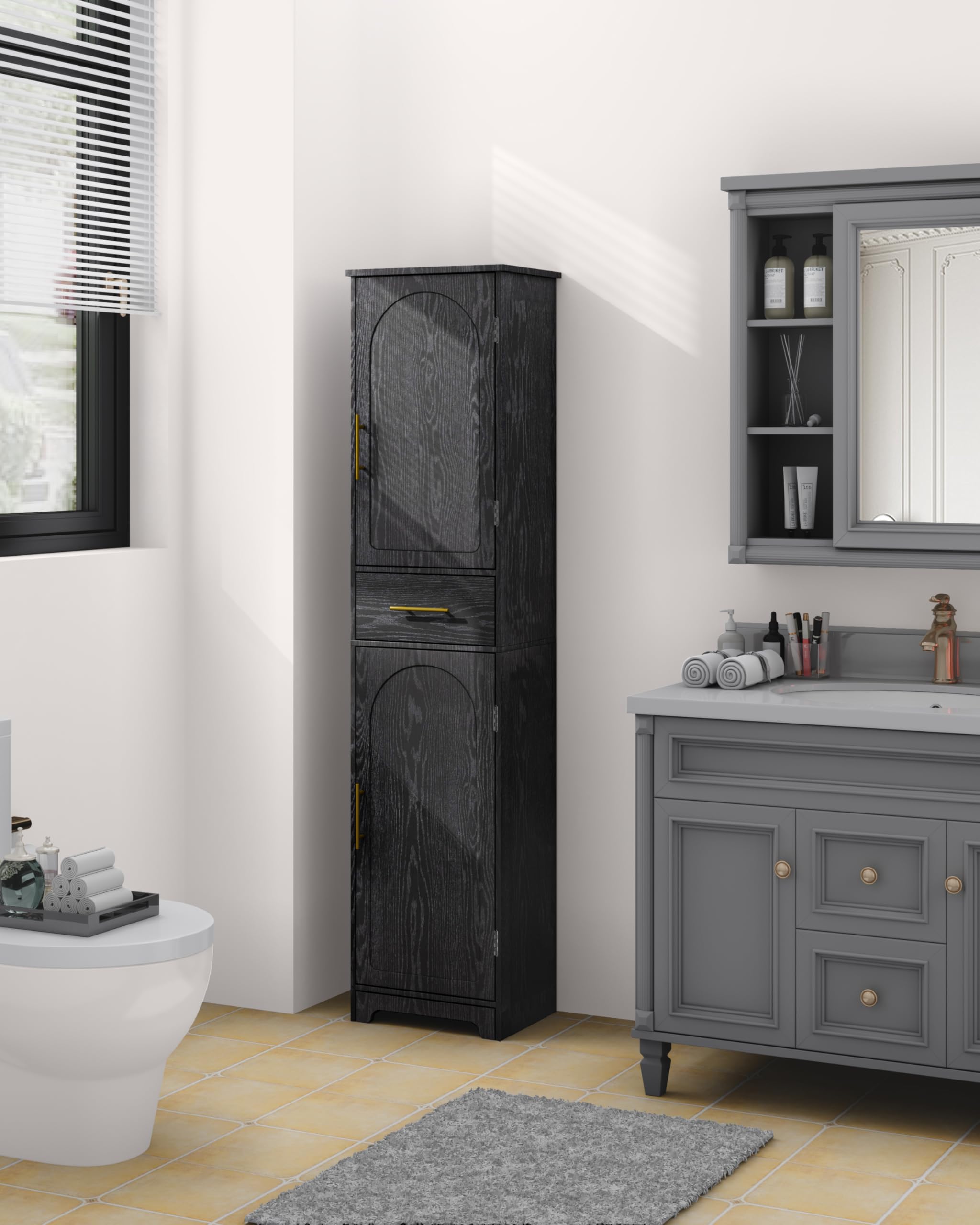 Hzuaneri Mobile da Bagno, Mobile Portaoggetti con Cassetto, Ripiani Regolabili, 30 x 40 x 170 cm, Armadio Alto e Stretto, per Soggiorno, Camera da letto, Cucina, Corridoio, Nero SC18304X