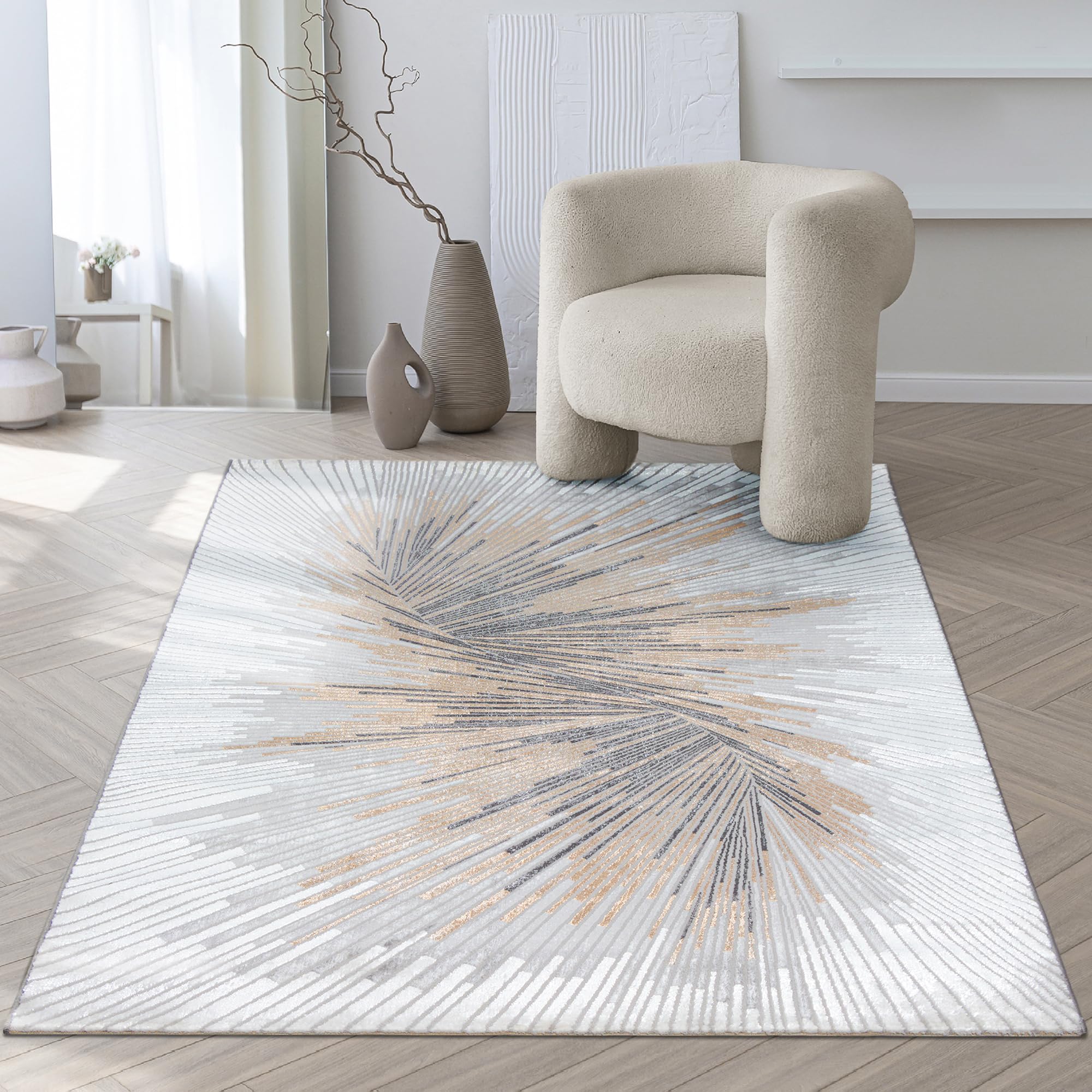 the carpet Mila Modern Dicher Tappeto a pelo corto, per soggiorno, camera da letto, elegante fibra lucida, effetto profondo, grigio crema, 140 x 170 cm