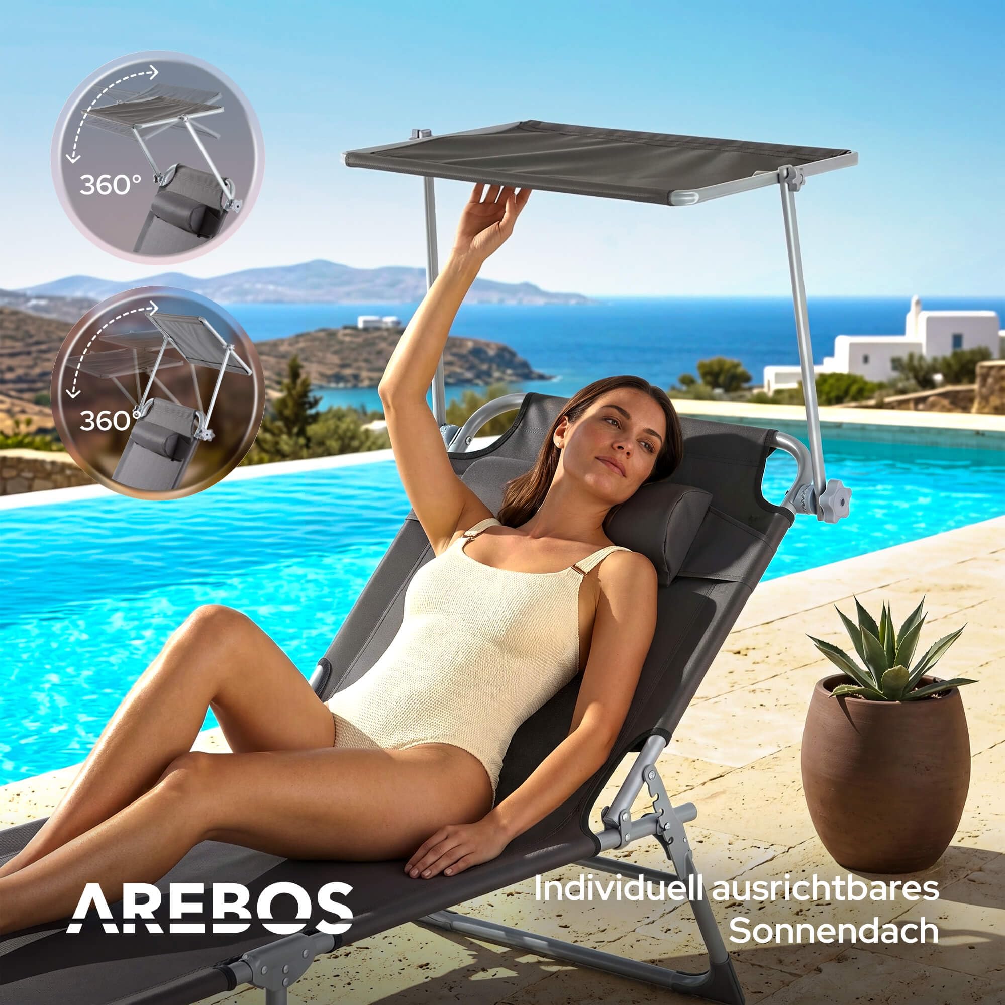 Arebos Sonnenliege 2er Set & Liegestuhl klappbar mit Sonnendach | 2 Gartenliegen & Campingliegen | Kopfkissen & Seitentasche | 4-Fach verstellbar | Relaxliegen faltbar | bis 120 kg | Anthrazit