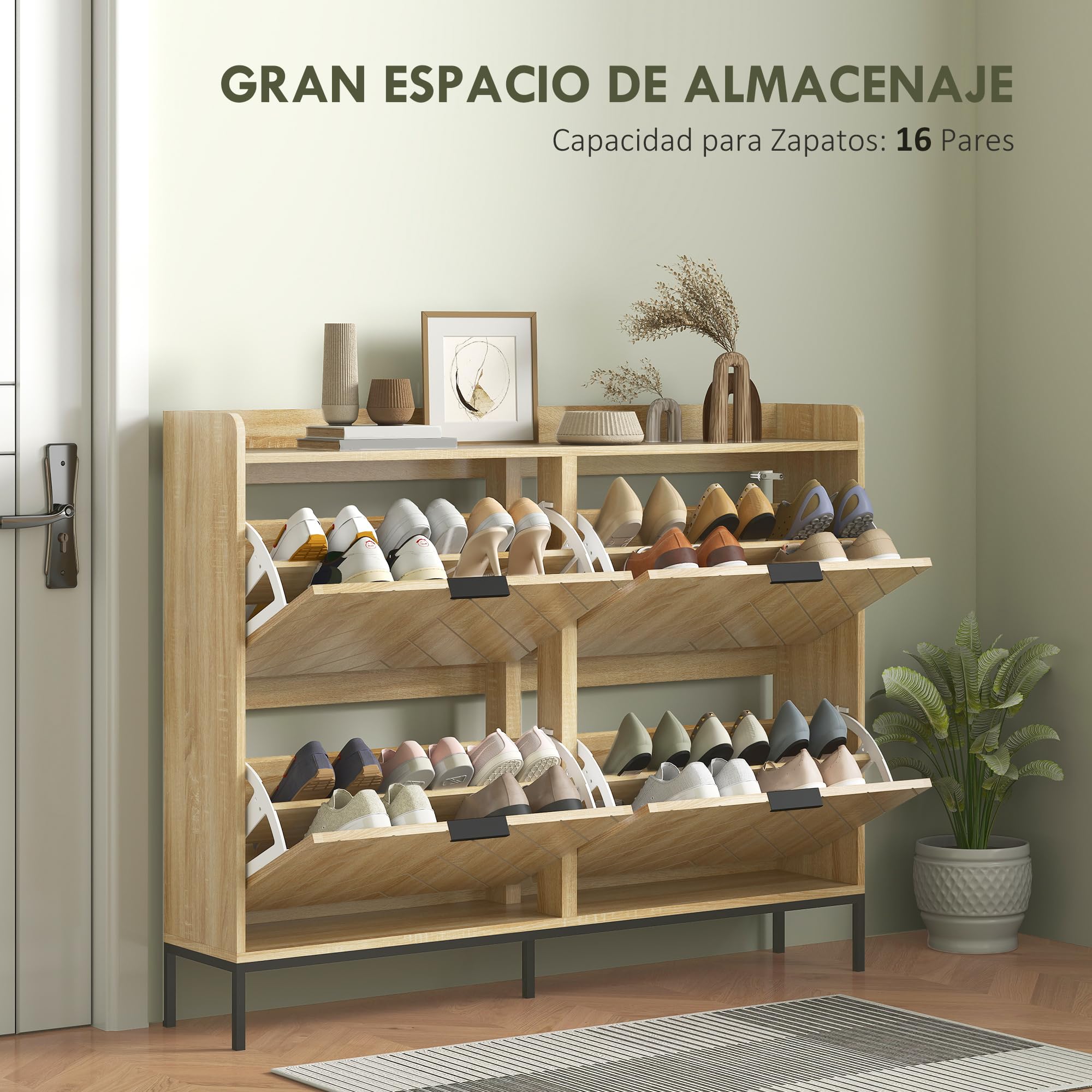 HOMCOM Zapatero Estrecho con 4 Puertas Zapatero Entrada Recibidor con Estantes Ajustables para 16 Pares de Zapatos 110x23,5x95,5 cm Roble